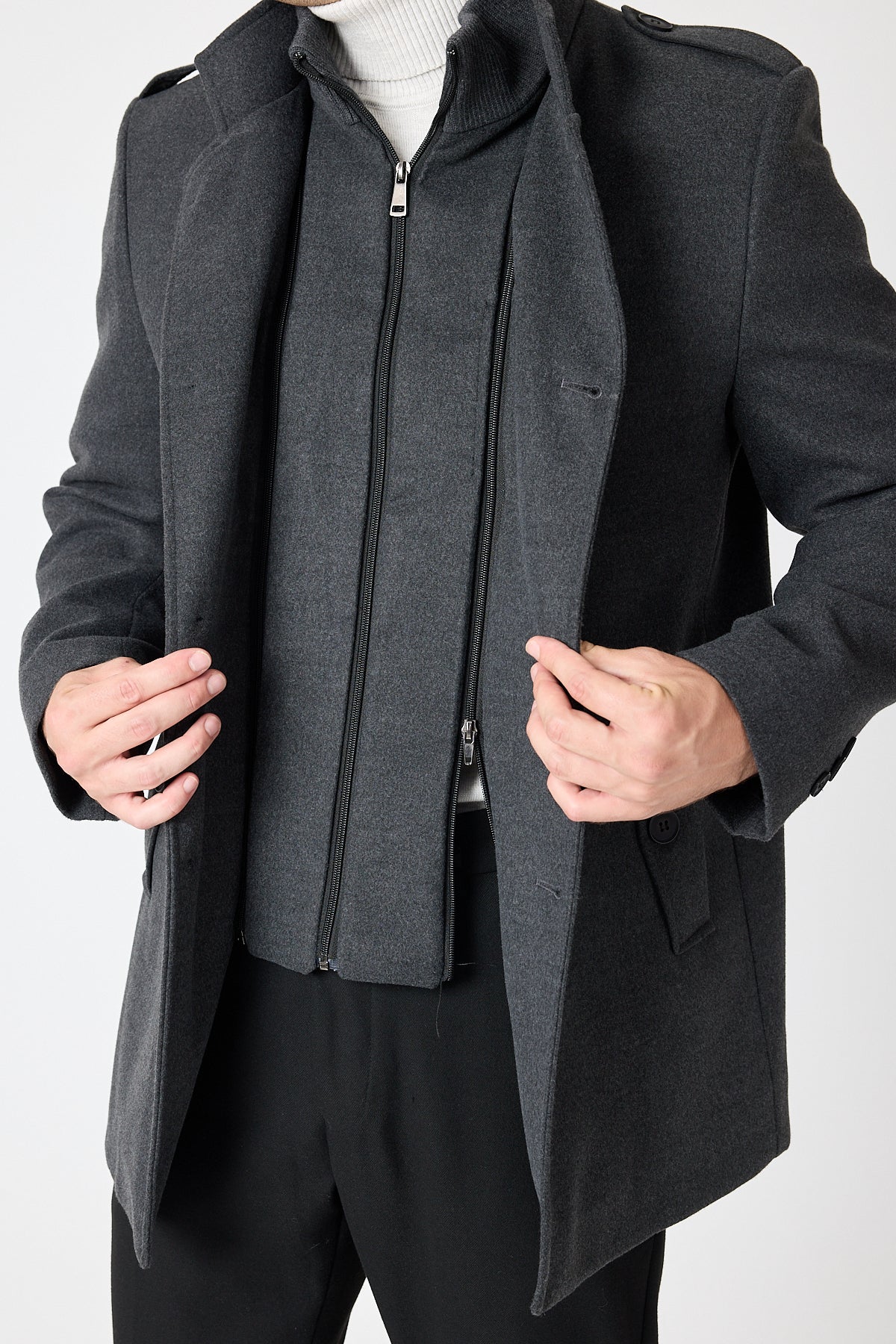 Dark Grey Mid Length Tailored Coat with High Stand Collar & Removable Inner Bib