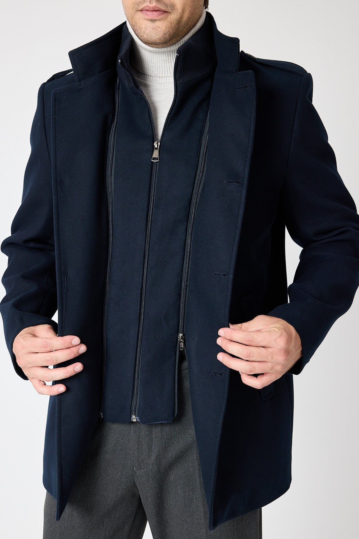 Navy Mid Length Tailored Coat With High Stand Collar & Removable Inner Bib