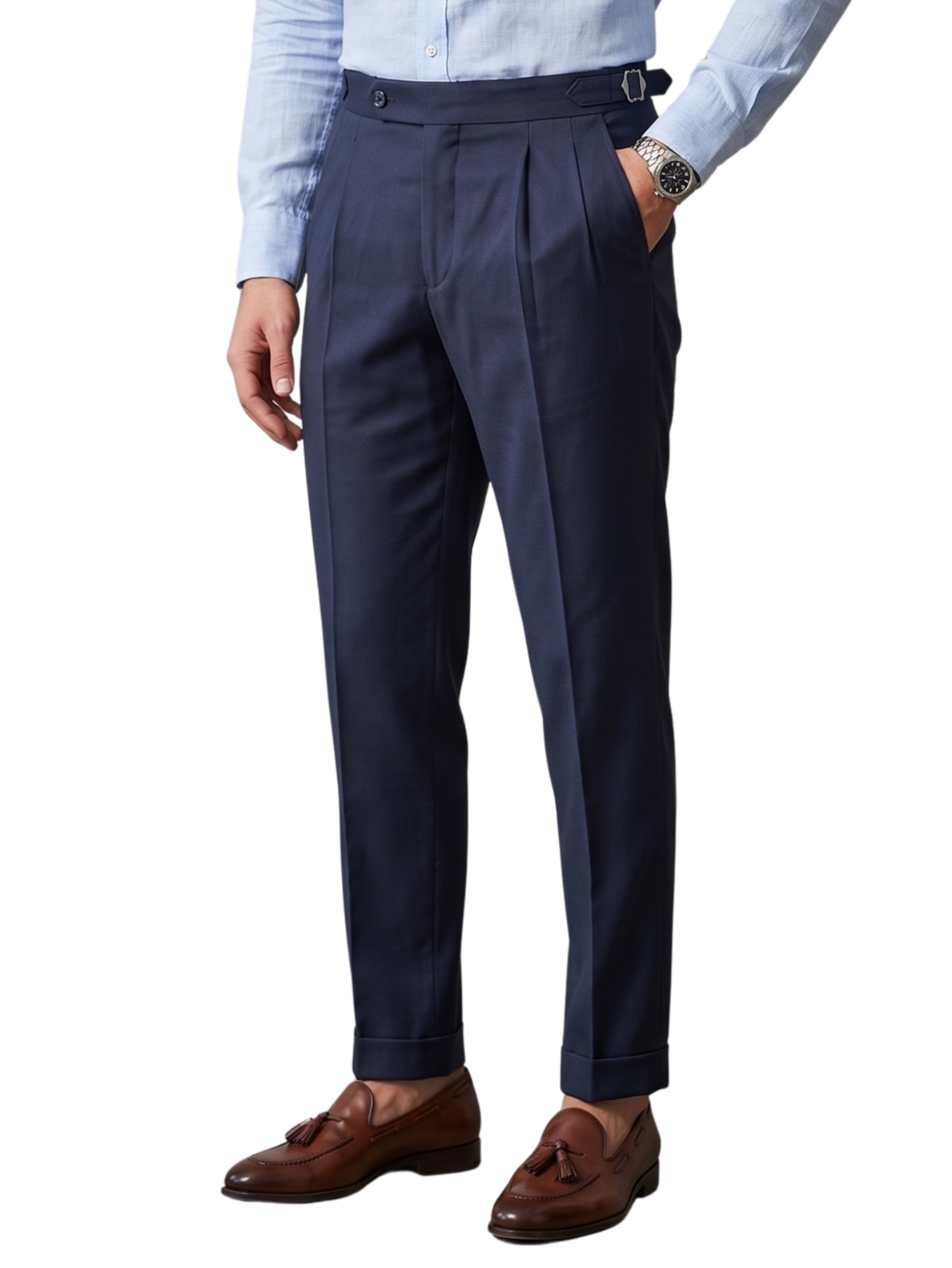 Navy High Waistband Pants With A Buttoned Tab Closure & Side Buckles