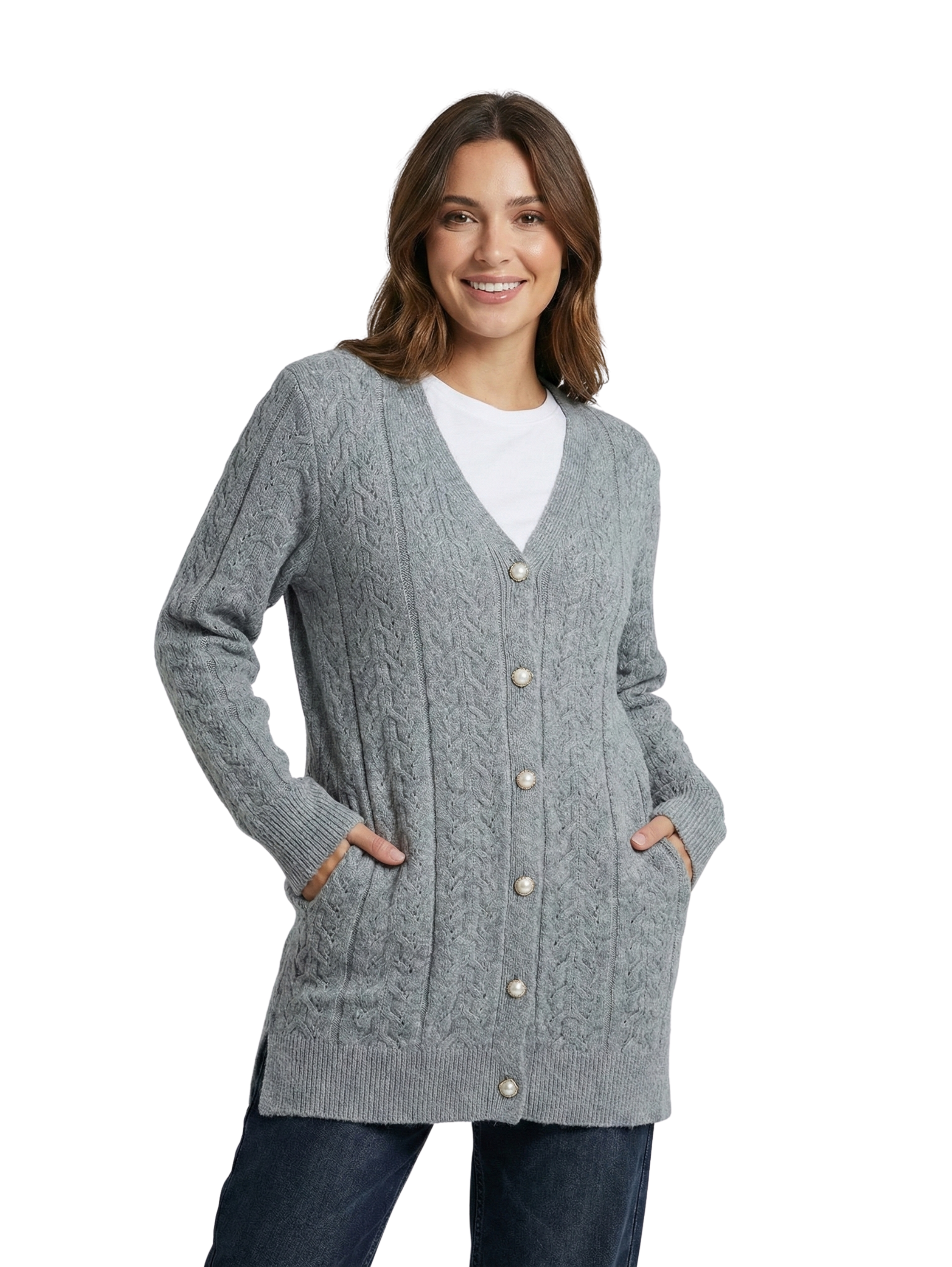 Grey Long Sleeve Buttoned Cardigan With Attached Pockets