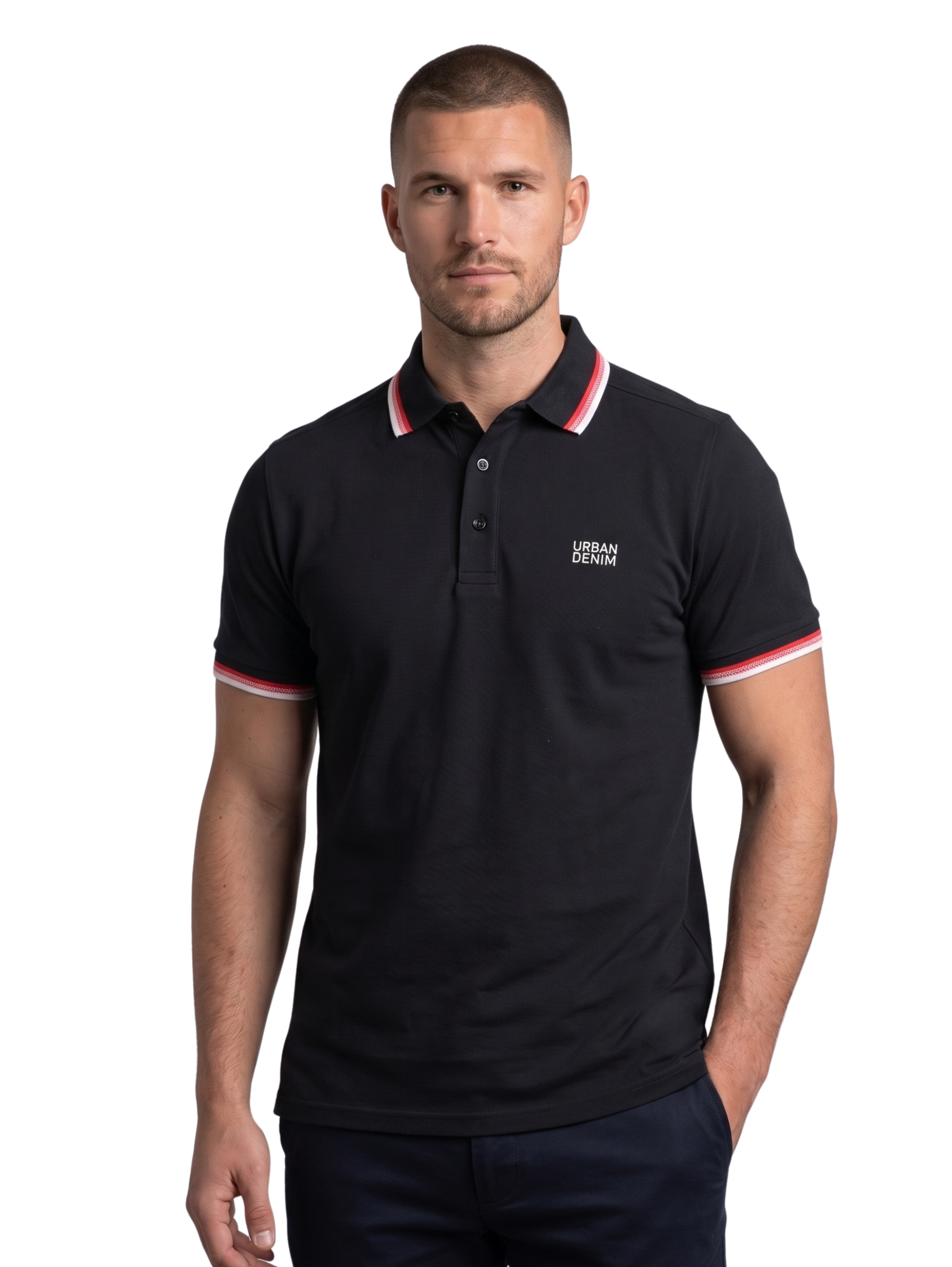 Black Slim Fit Polo With Red & White Striped Collar