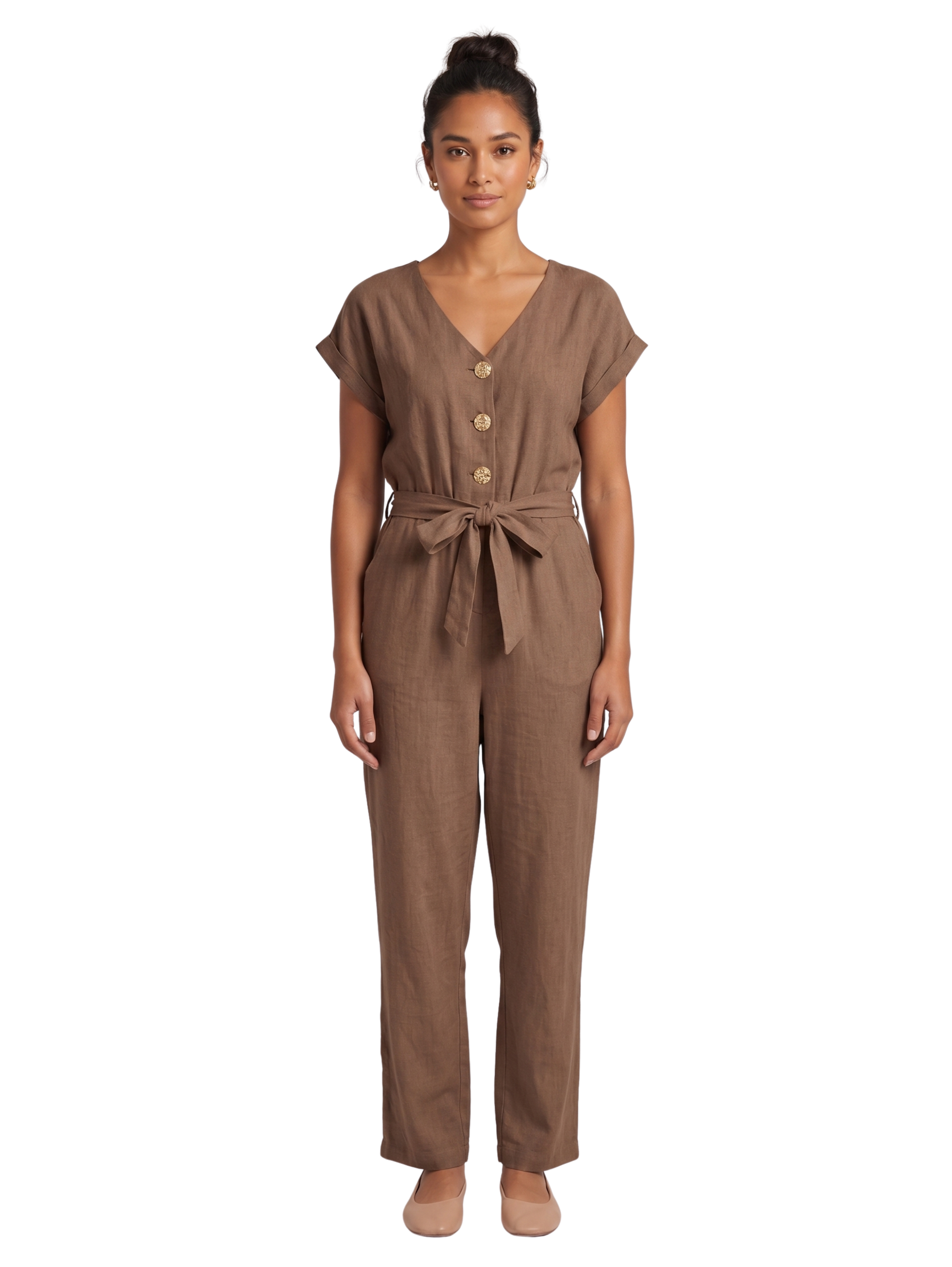 Brown V Neck Belted Jumpsuit With Pockets