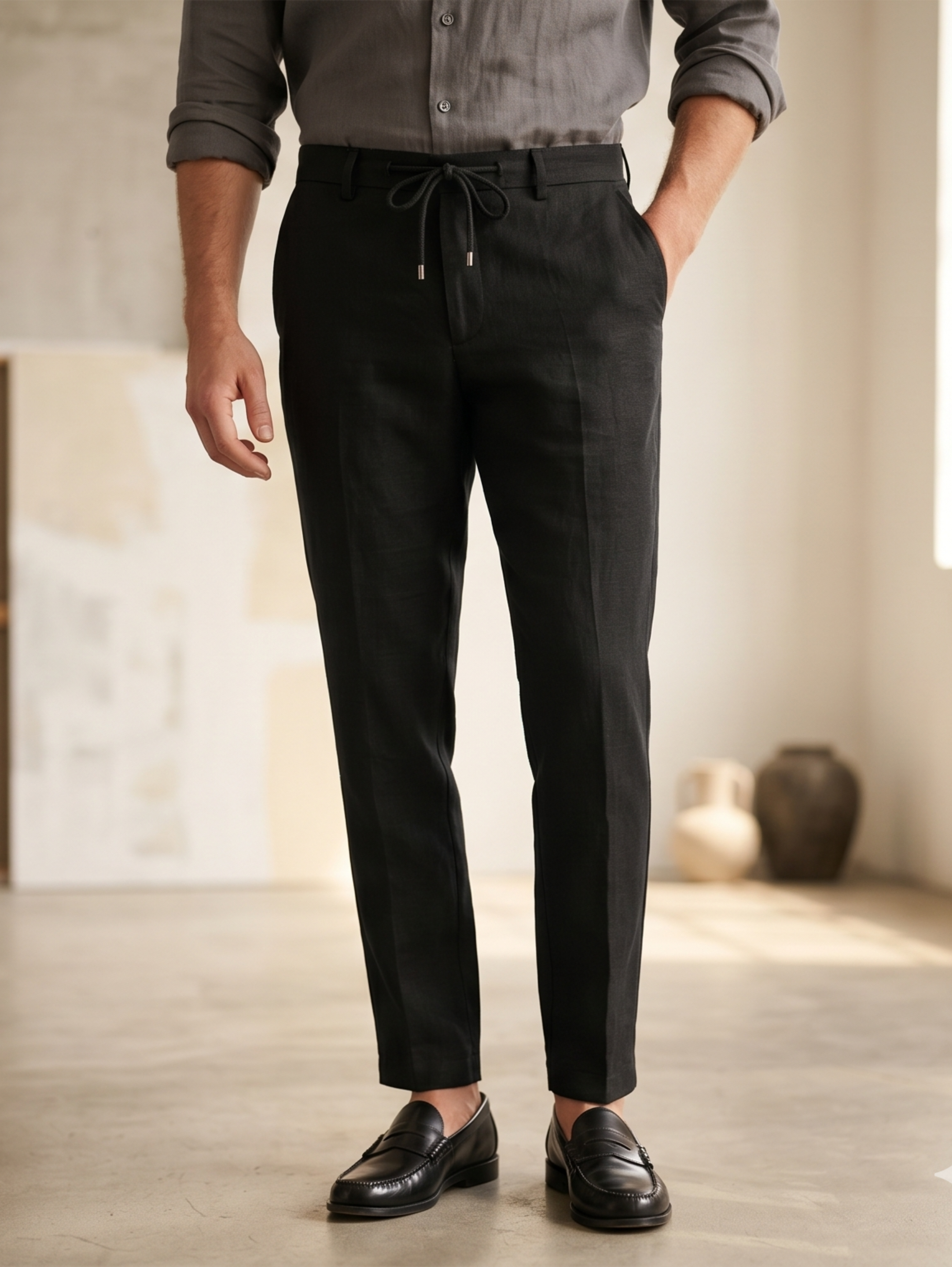 Black Tailored Linen Drawstring Pants