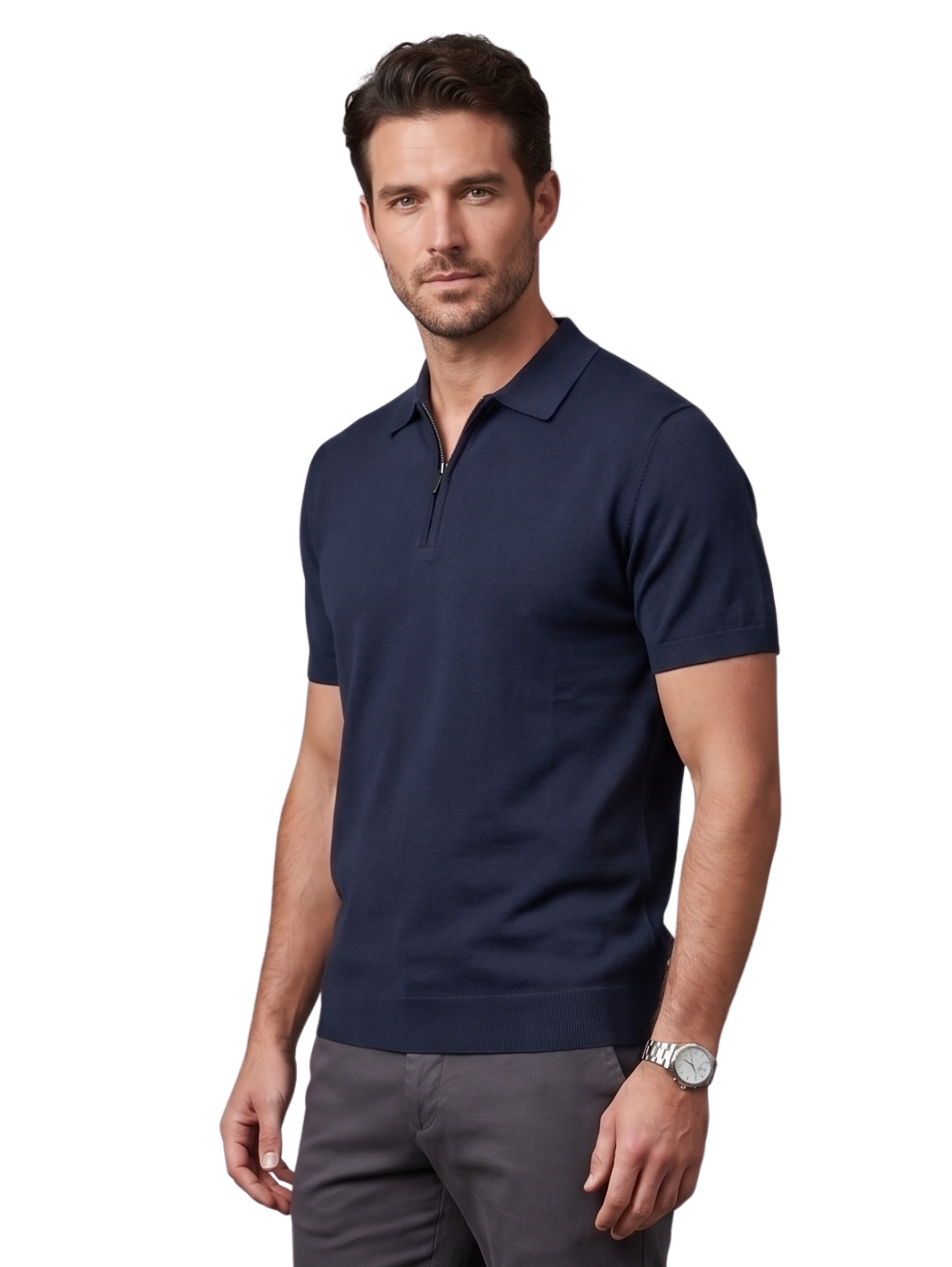 Navy Short Sleeved Polo With Neckline Zipper
