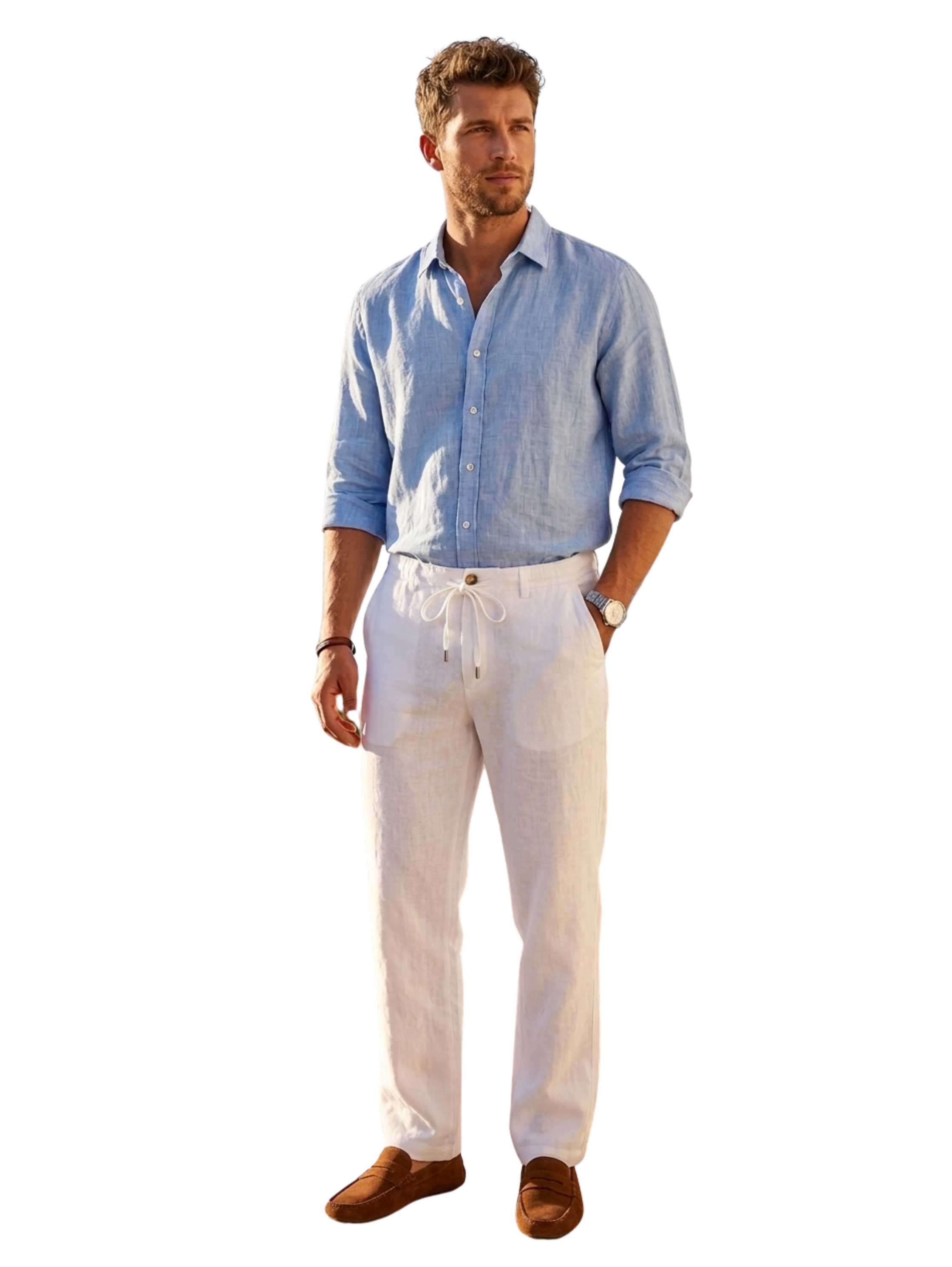 Casual Summer White Linen Drawstring Pants