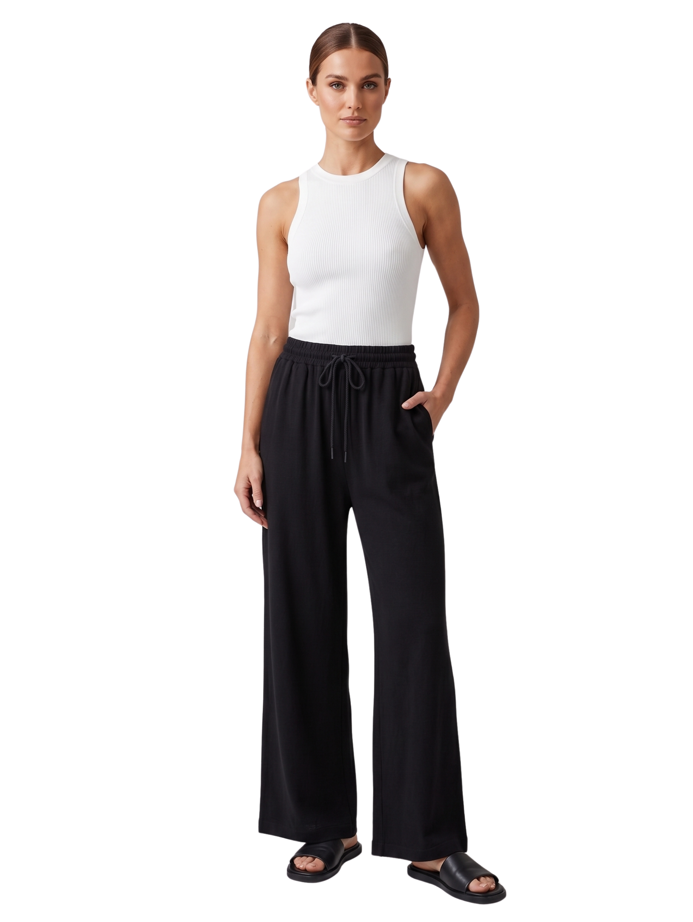 Black Wide Leg Drawstring Linen Pants