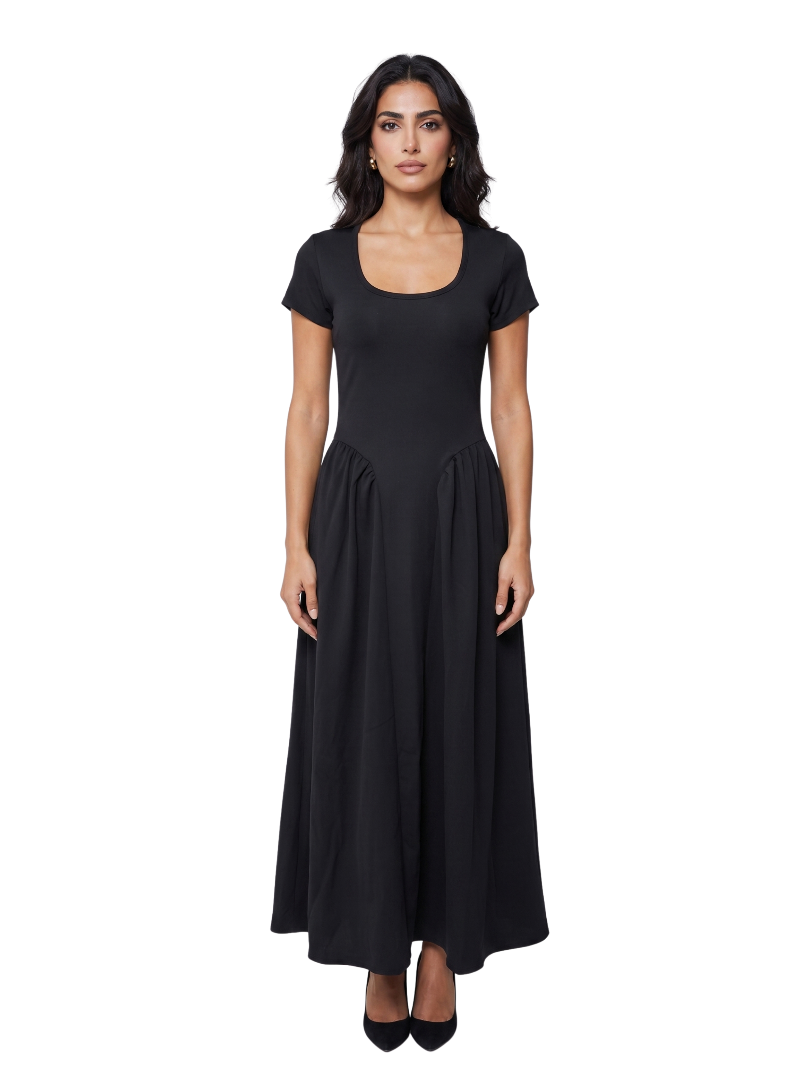 Black Curved Drop Waist Gathered Dress