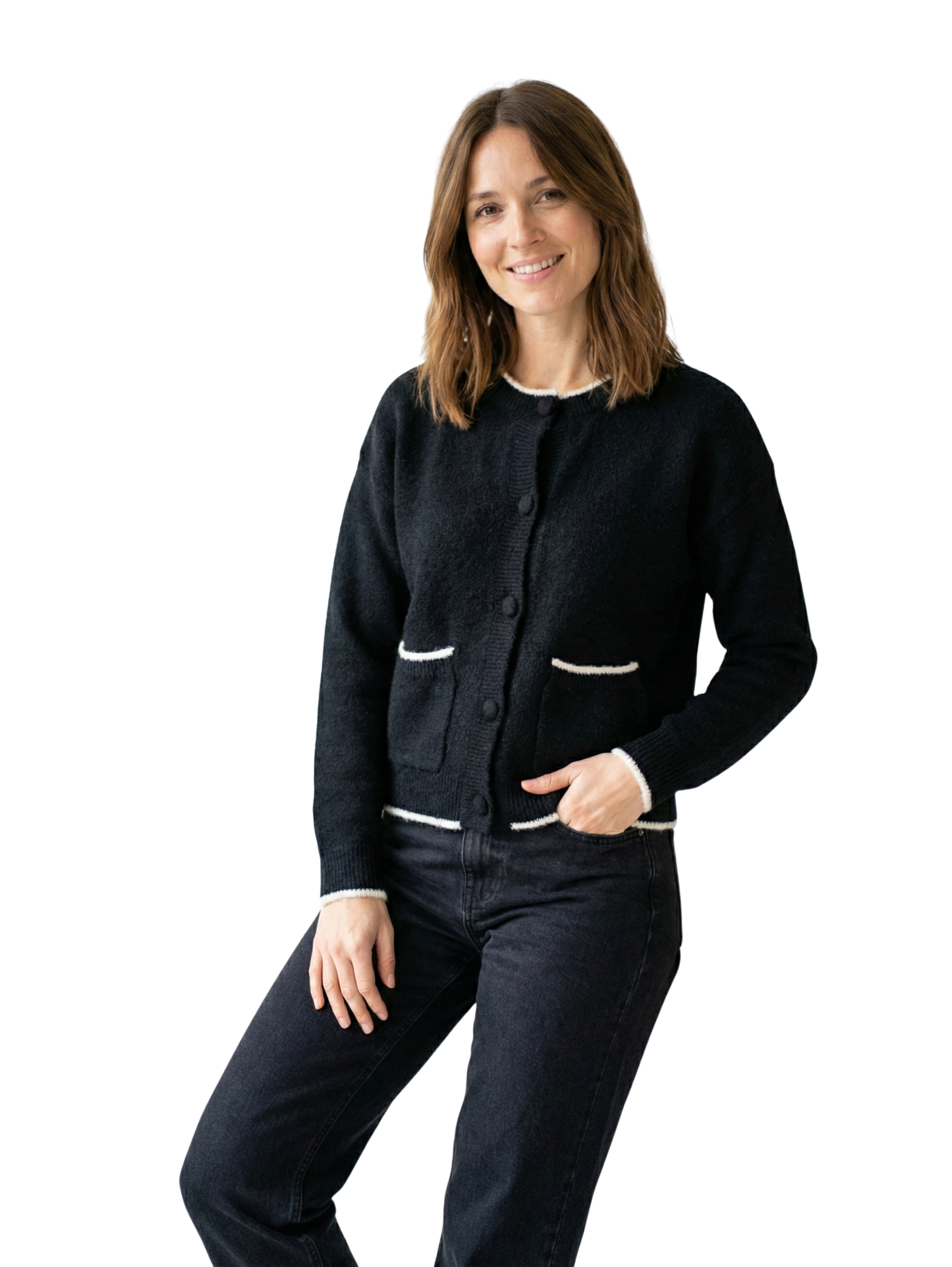 Long Sleeve Buttoned Black Sweater With Attached Pocket
