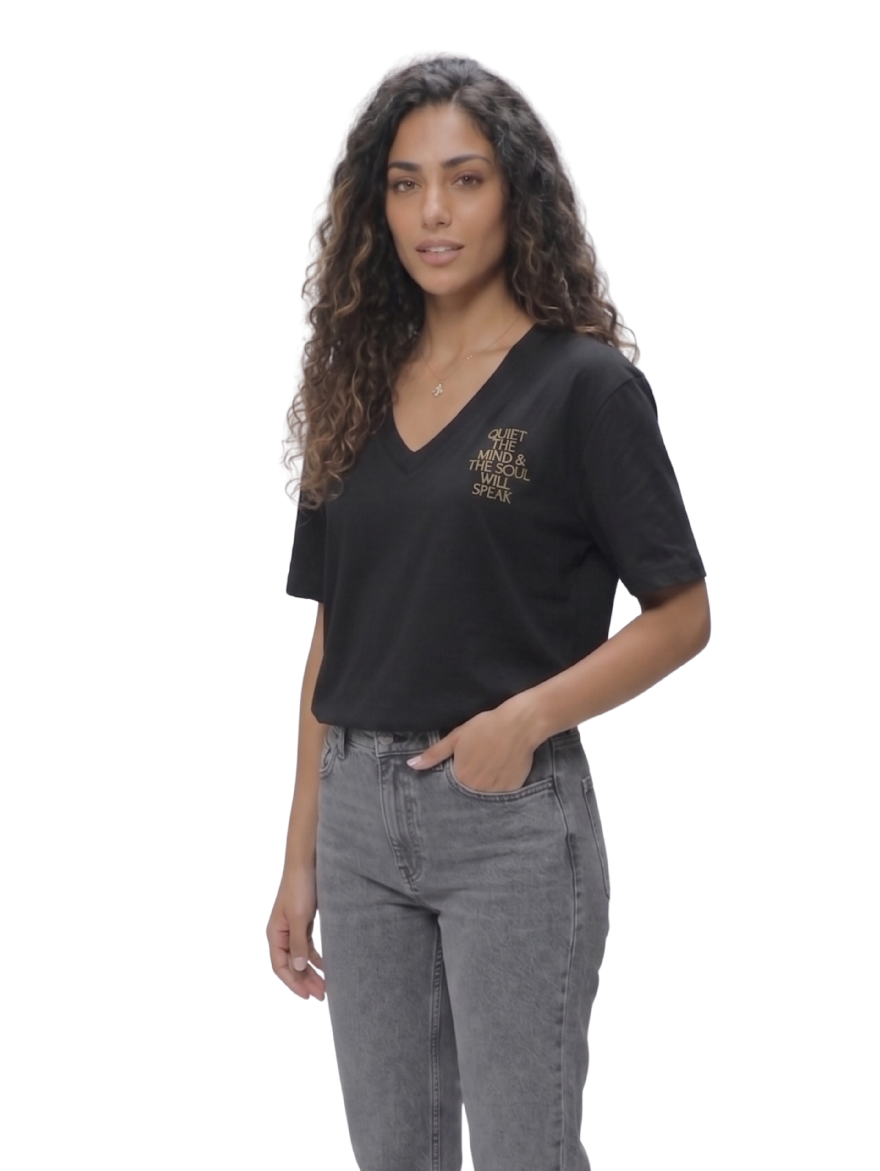 Black Short Sleeved V Neck T-Shirt With Printed Design