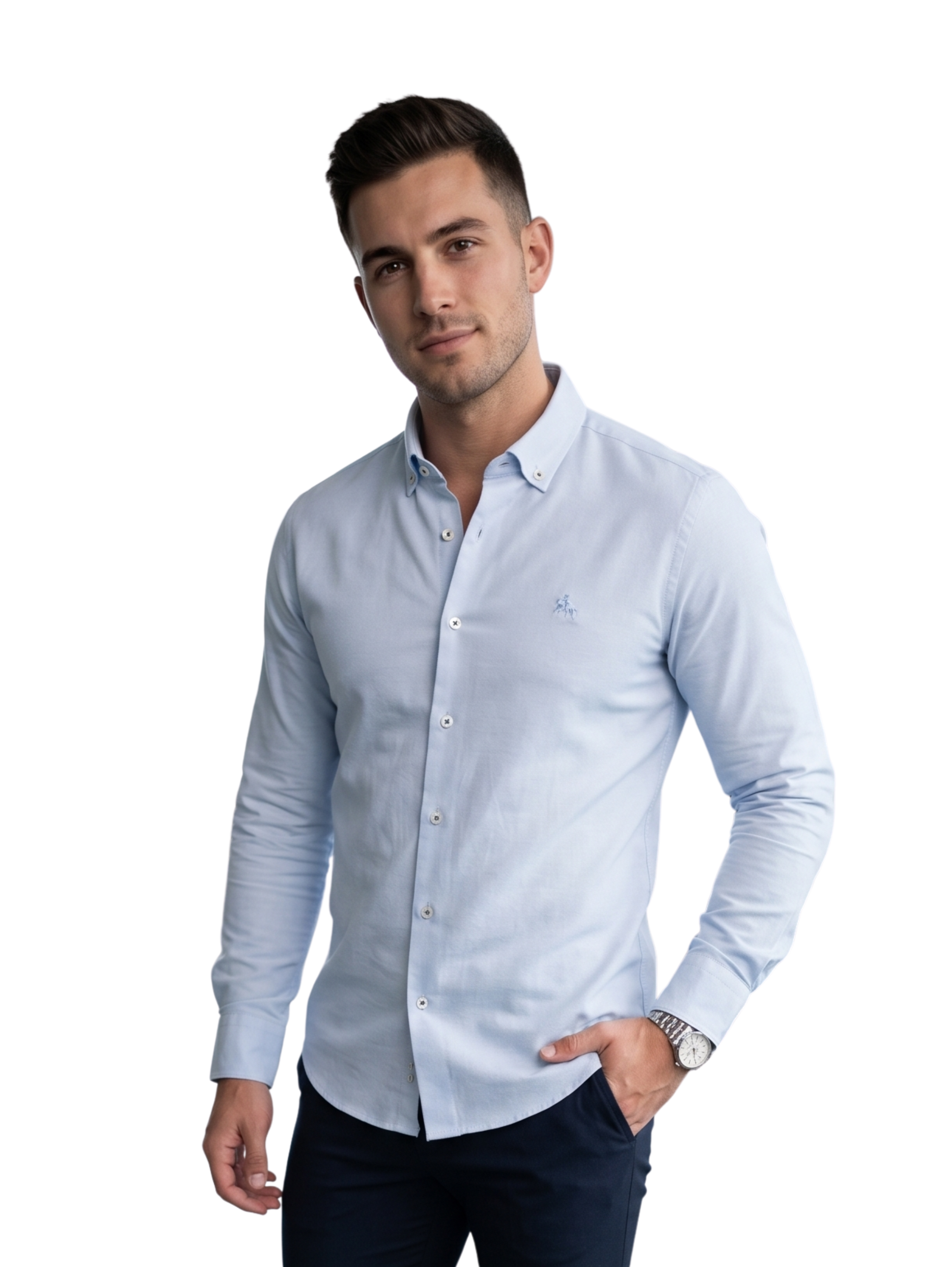 Slim Fit Light Blue Long Sleeved Casual Shirt With Design Logo