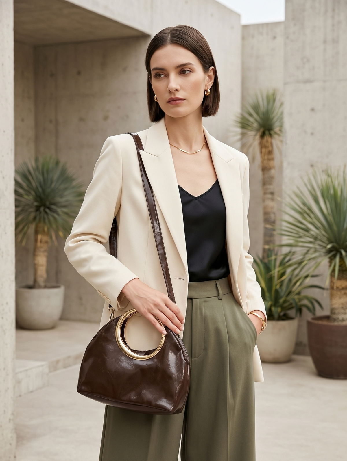 Brown Ring-Handle Handbag