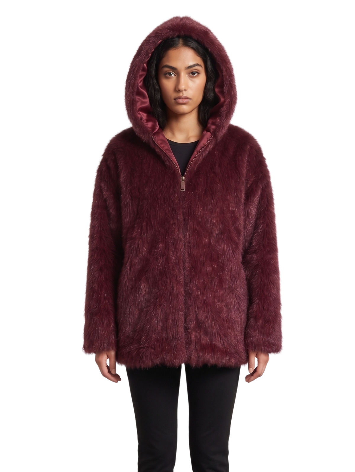 Bordo Shaggy Fur Hooded Zip Up Jacket