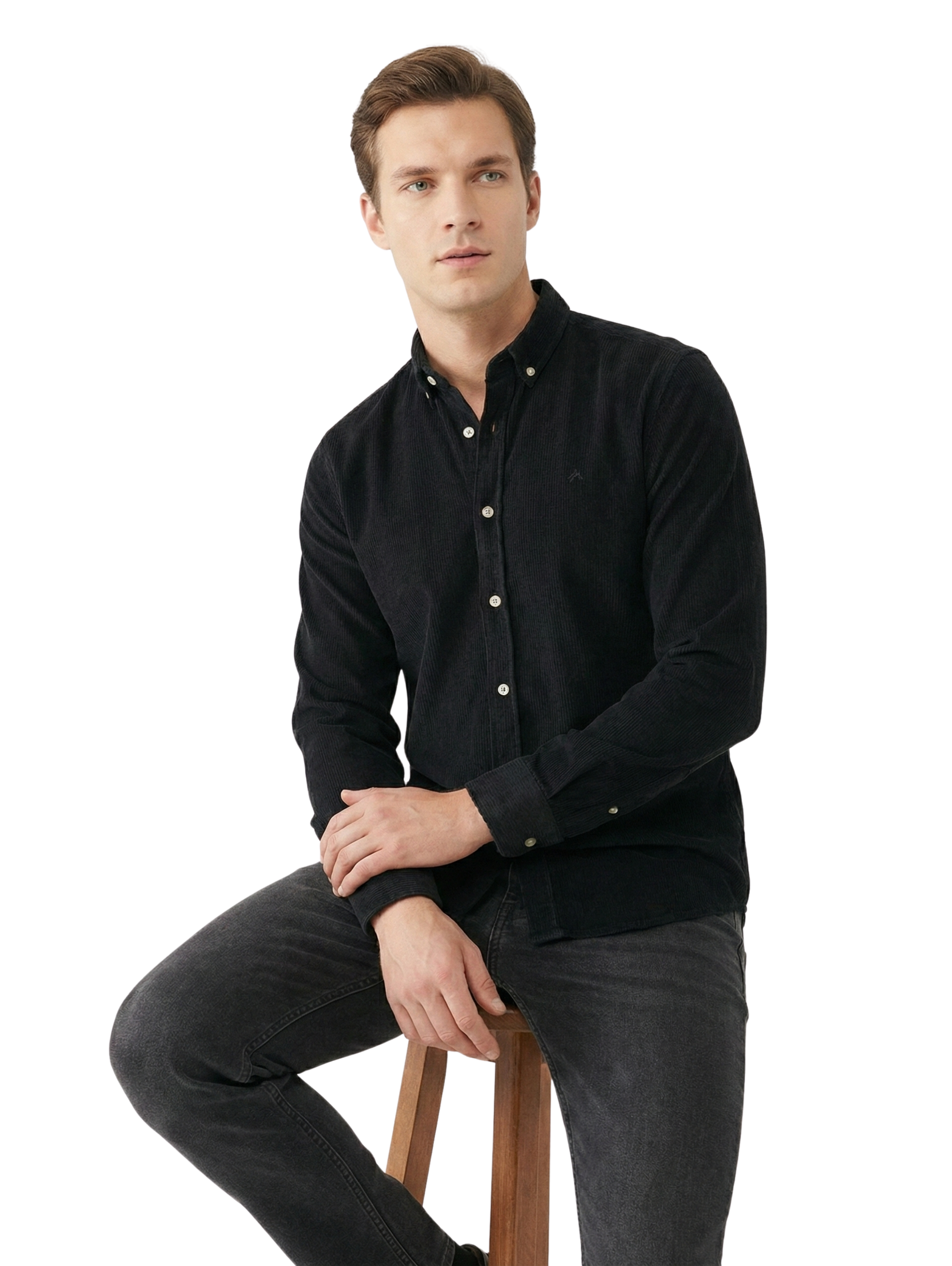Black Buttoned Ribbed Velvet Shirt