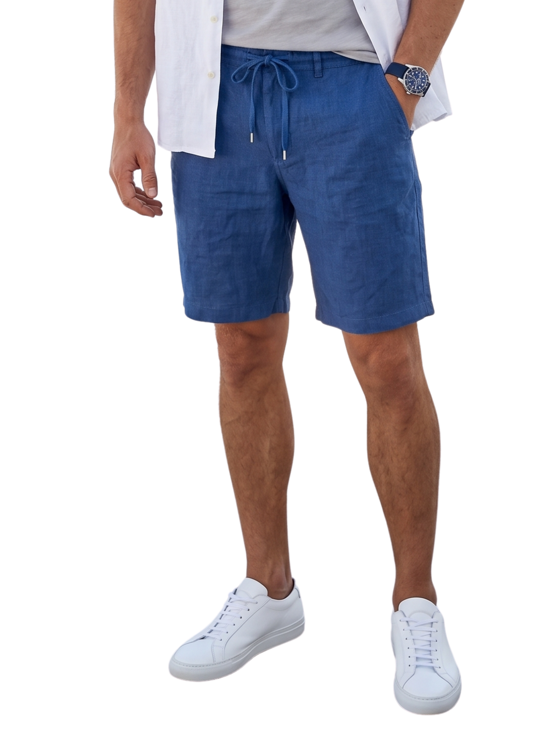Blue Linen Drawstring Shorts