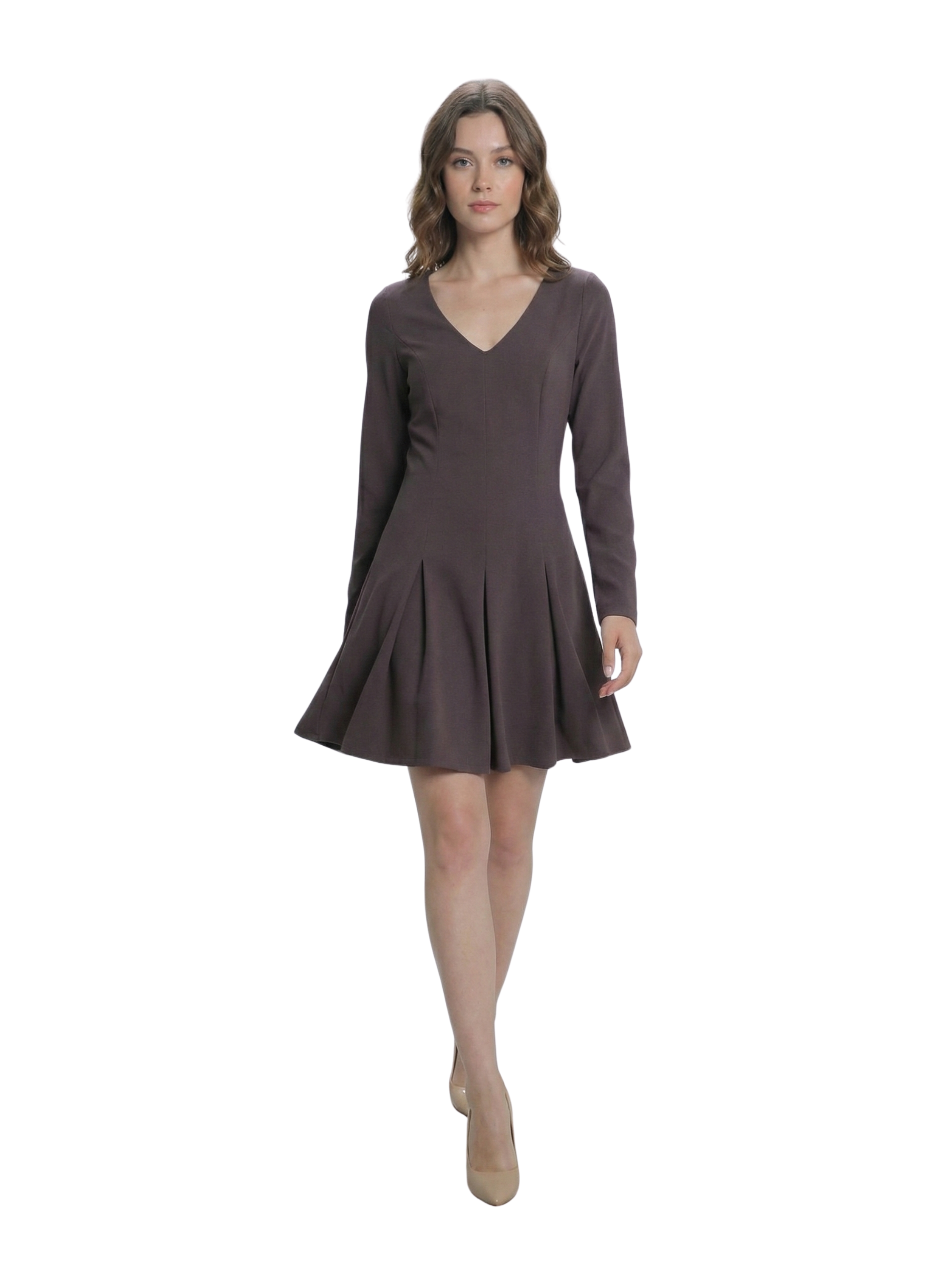 Long Sleeved Classy Brown V-Neck Dress