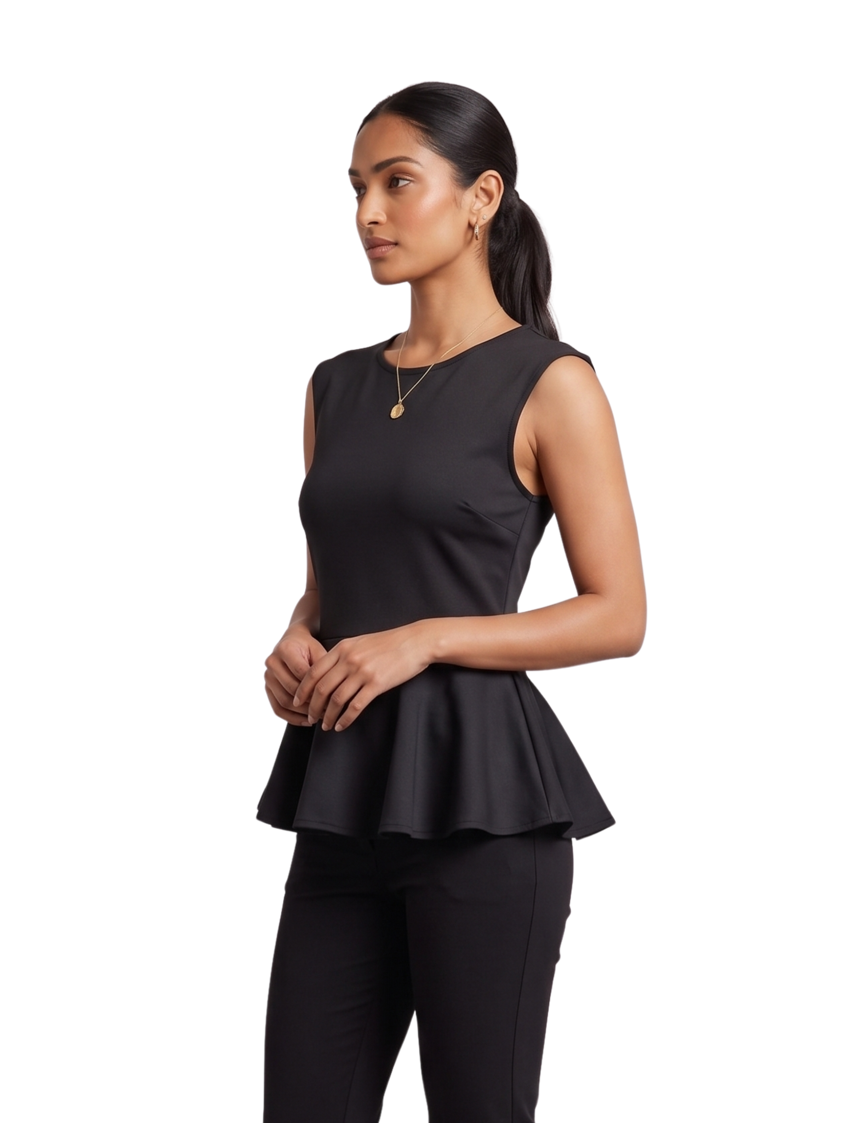 Black Sleeveless Peplum Top With Round Crew neckline