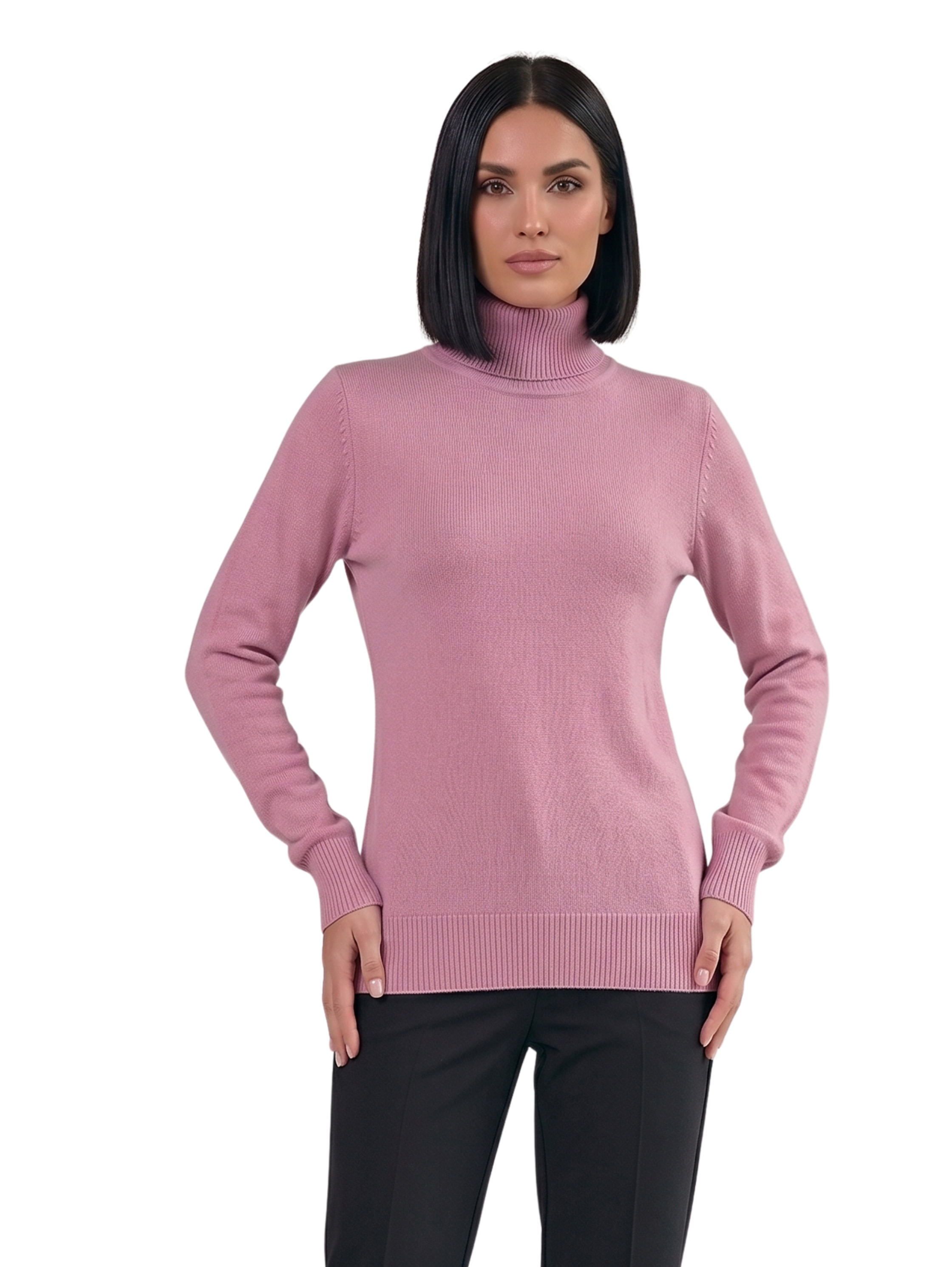 Pink Basic Turtleneck Ribbed Knit Pullover