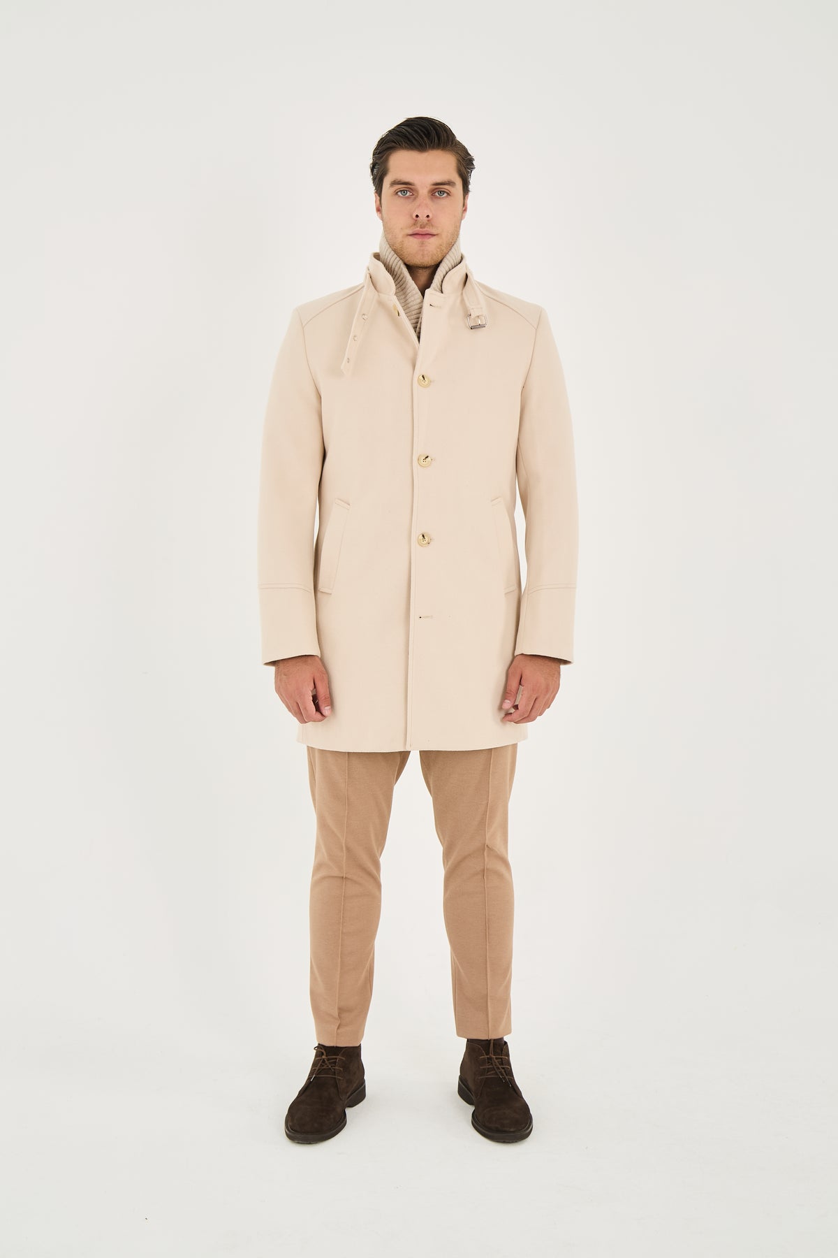 Tailored Beige Stand Collar Overcoat with Neck Strap & Knit Layer