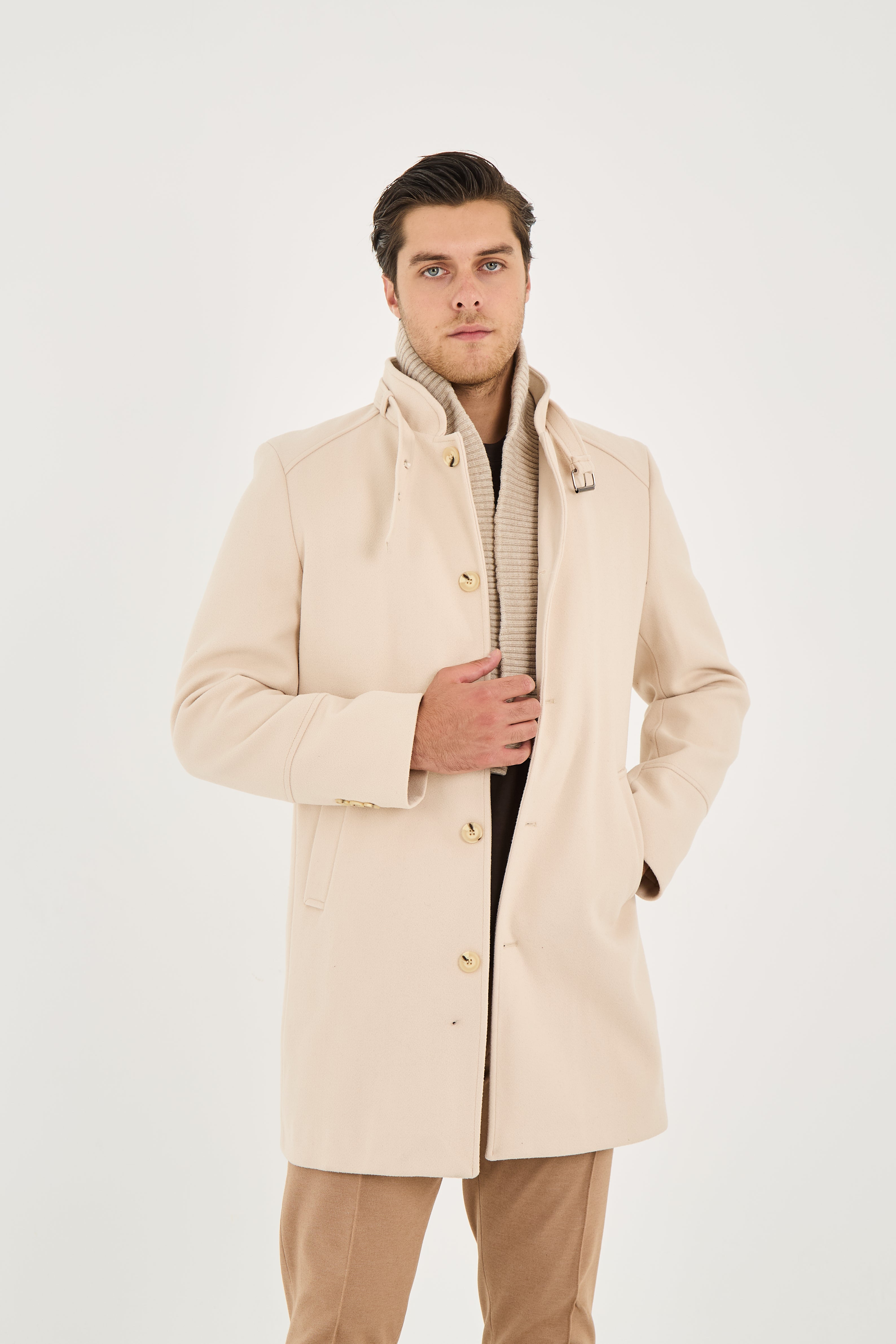 Tailored Beige Stand Collar Overcoat with Neck Strap & Knit Layer