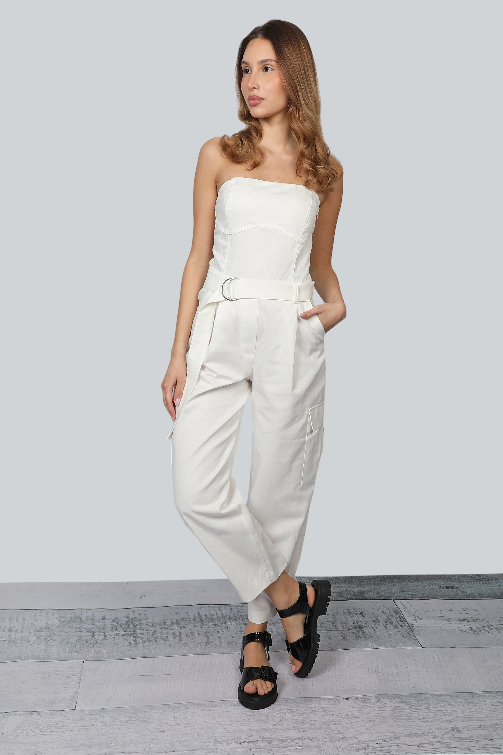 Off Shoulders White Overall With Waist Belt