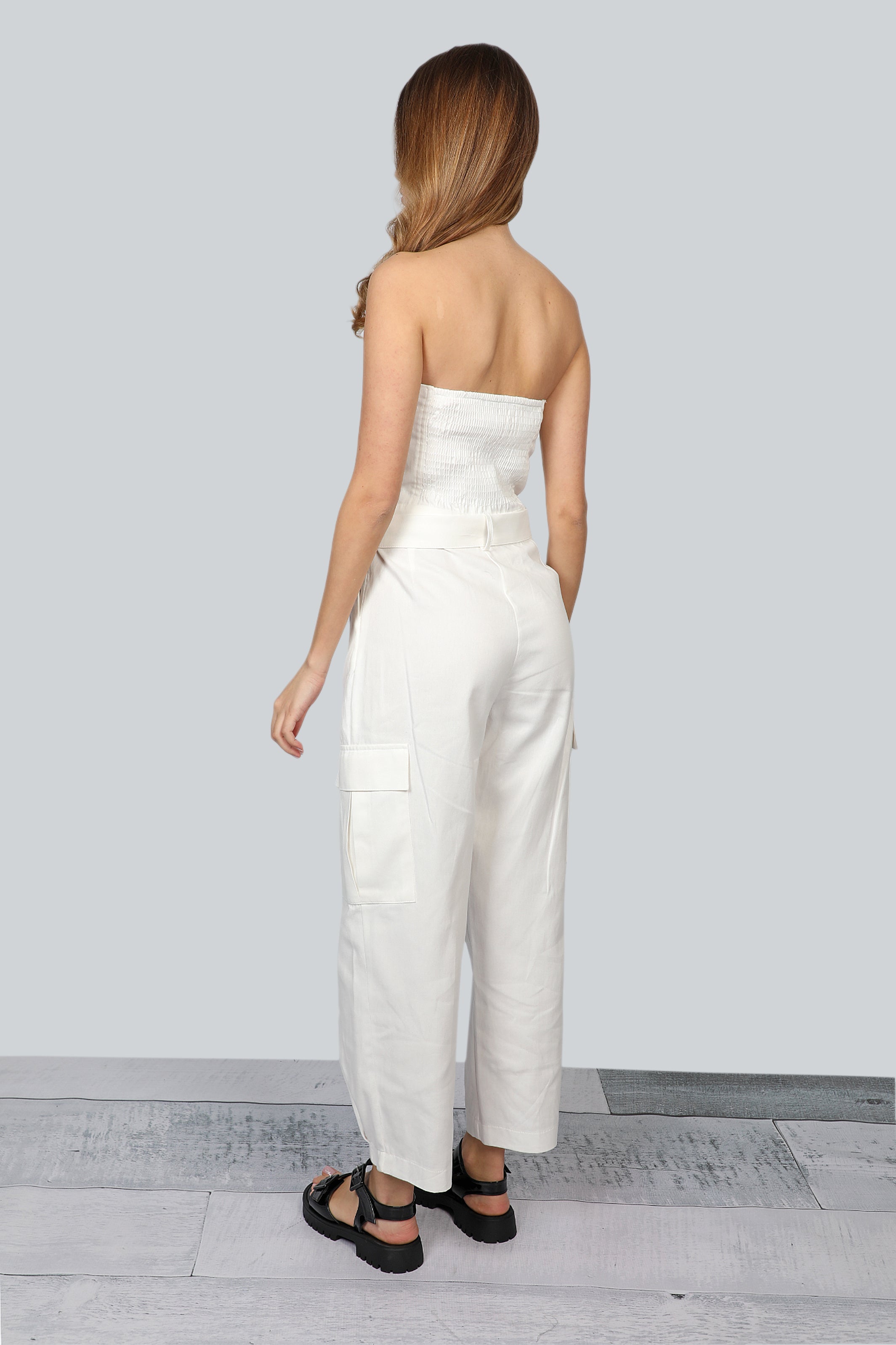 Off Shoulders White Overall With Waist Belt