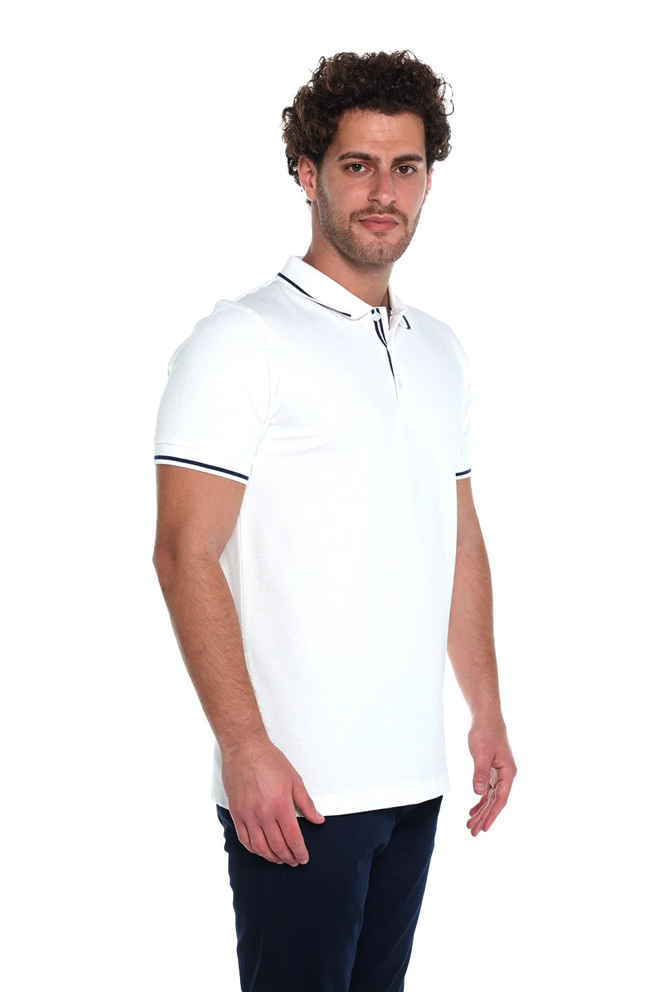 Short Sleeved White Polo With Stripe Shoulder
