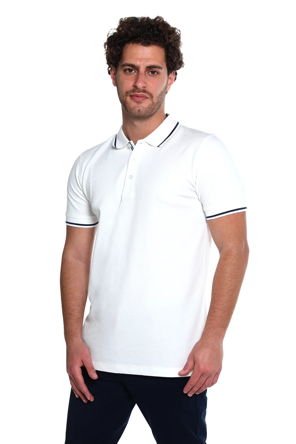 Short Sleeved White Polo With Stripe Shoulder