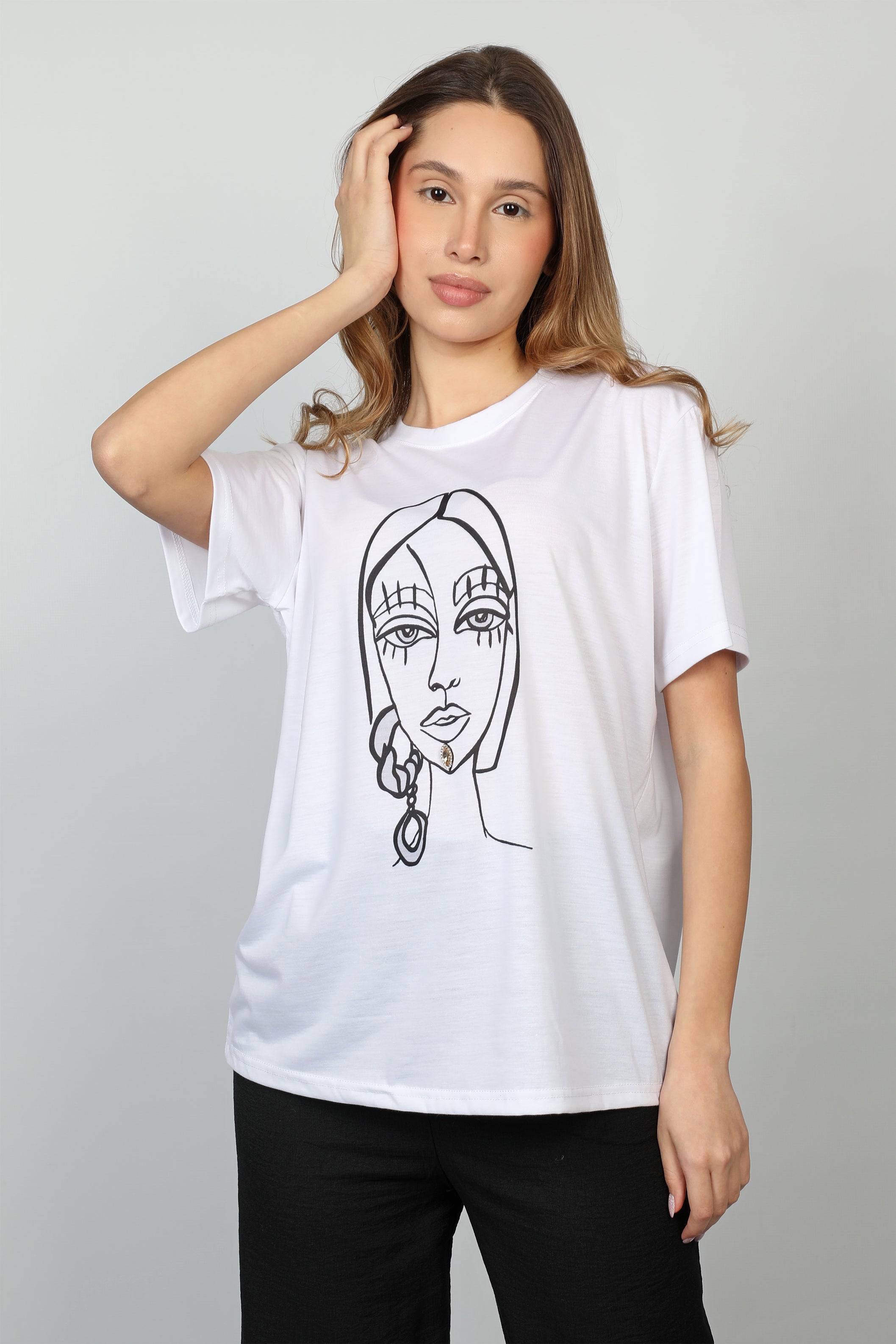 Women White T-shirt With Face Front Design
