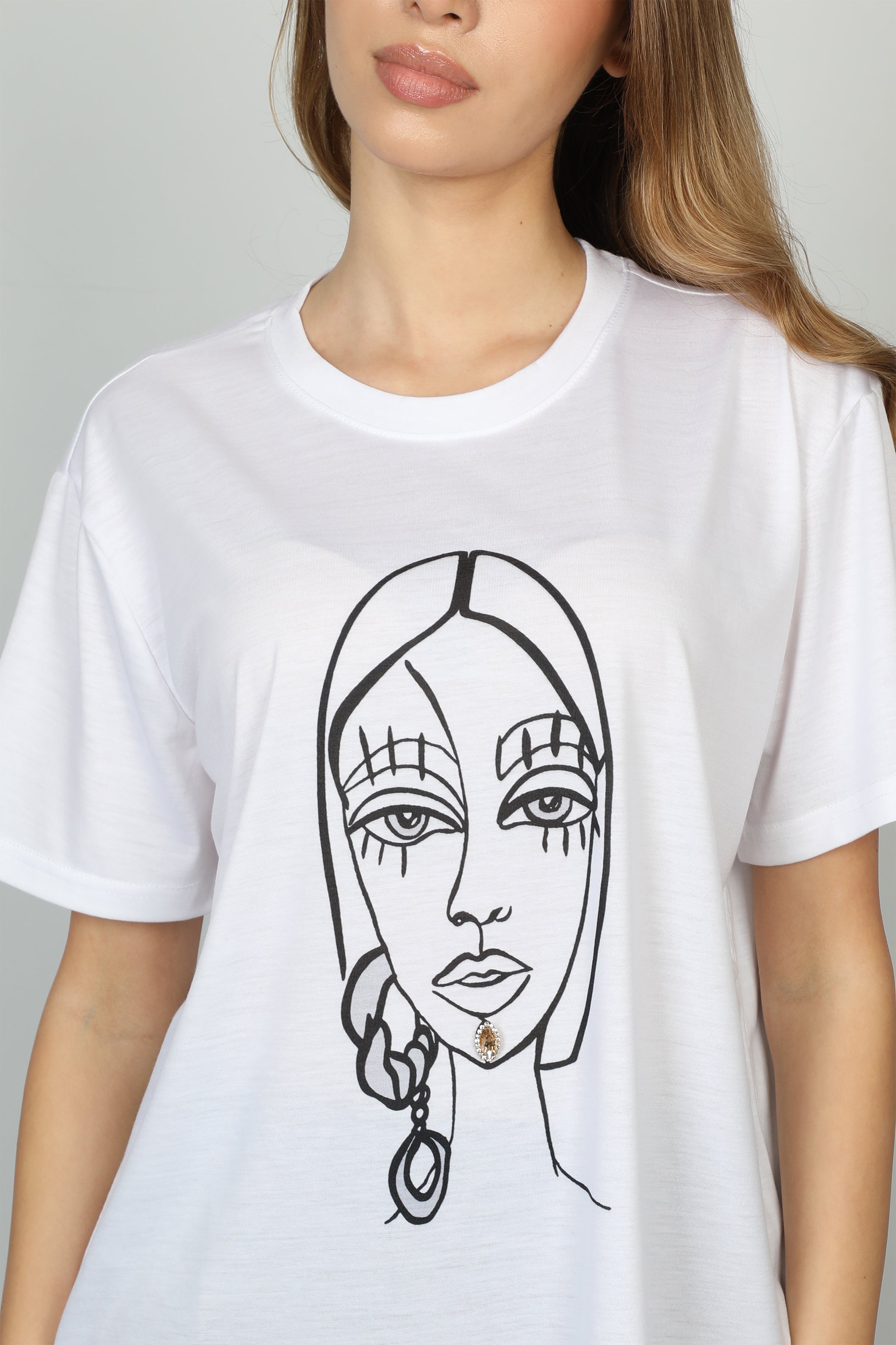 Women White T-shirt With Face Front Design
