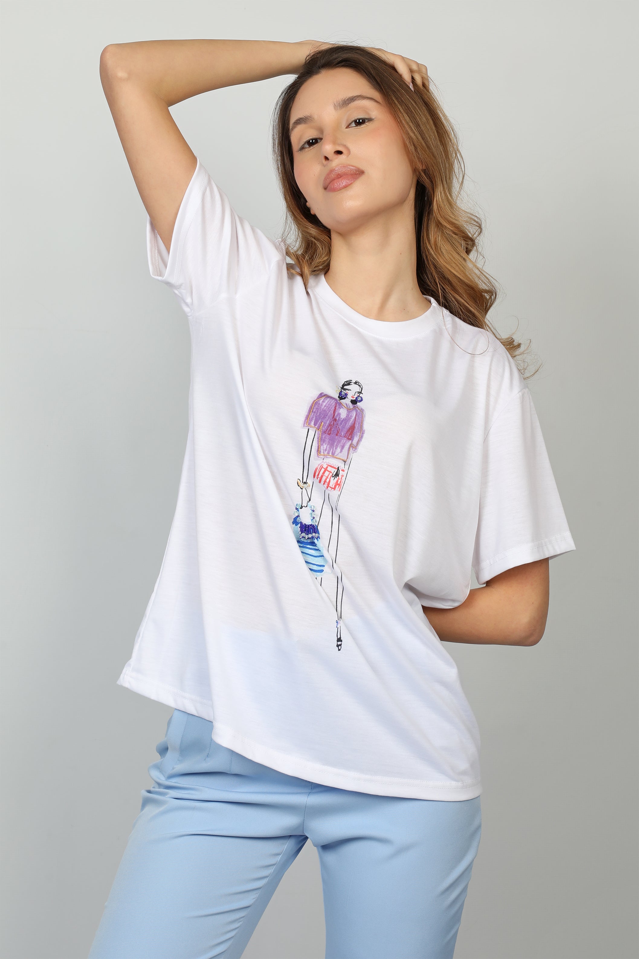 Oversized White T-shirt With Multicolored Print