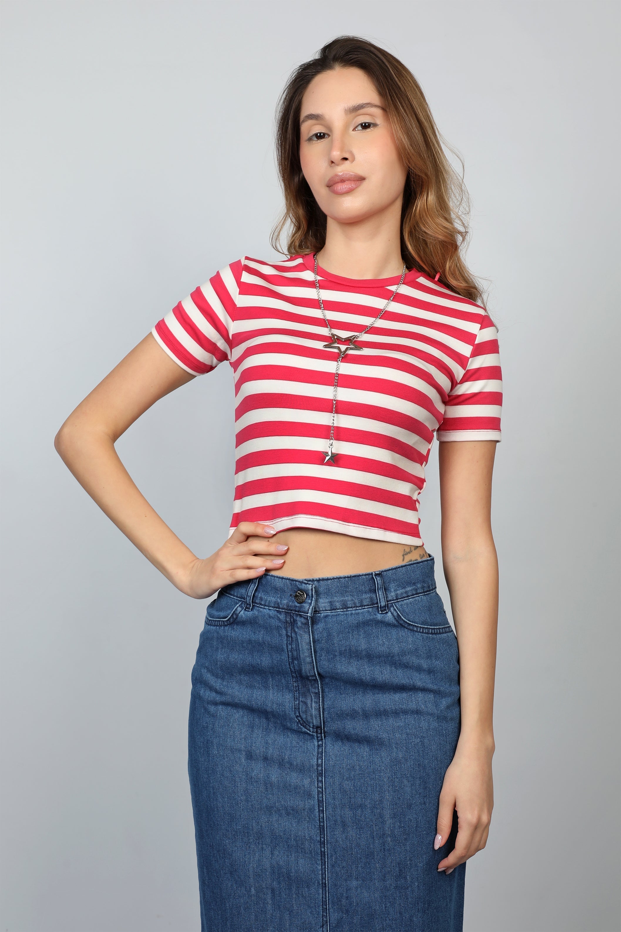Pink Striped Cropped T-shirt With Necklace