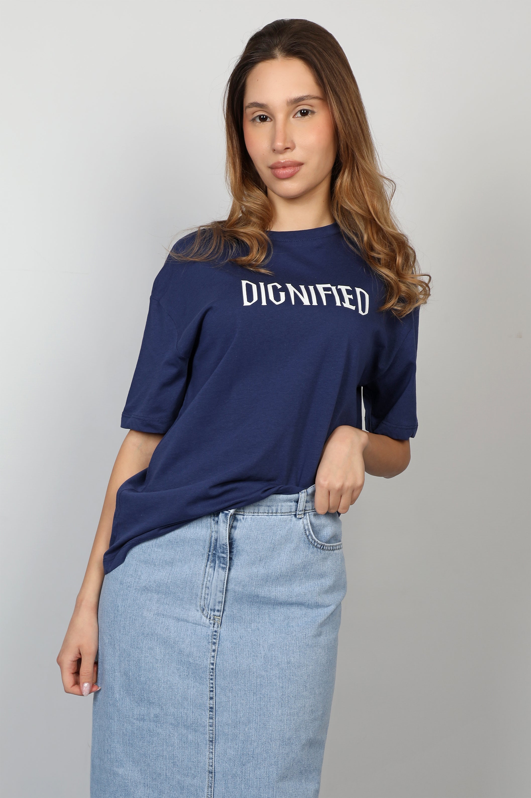 "DIGNIFIED" Printed Navy Oversized T-shirt