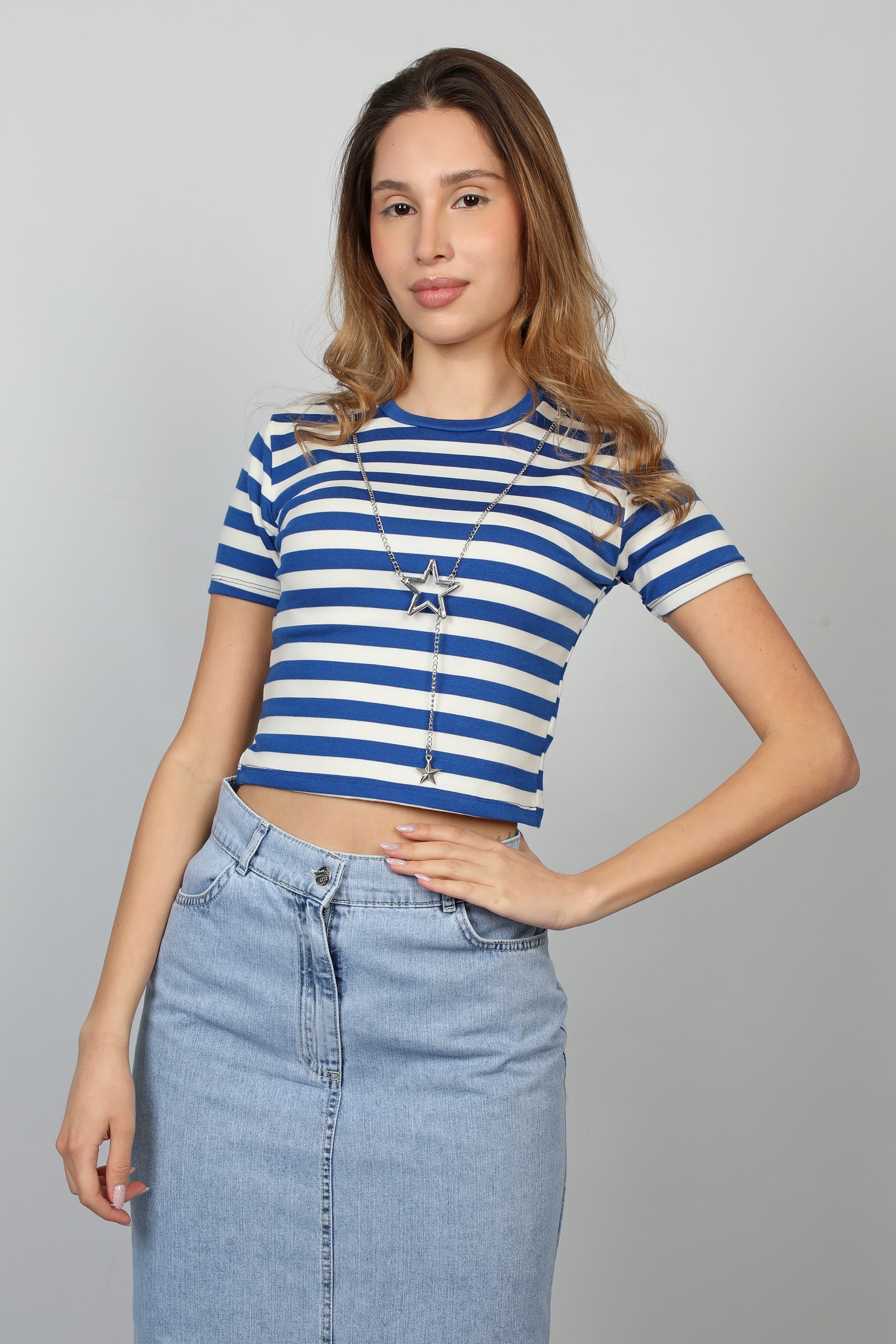 Blue Striped Cropped T-shirt With Necklace