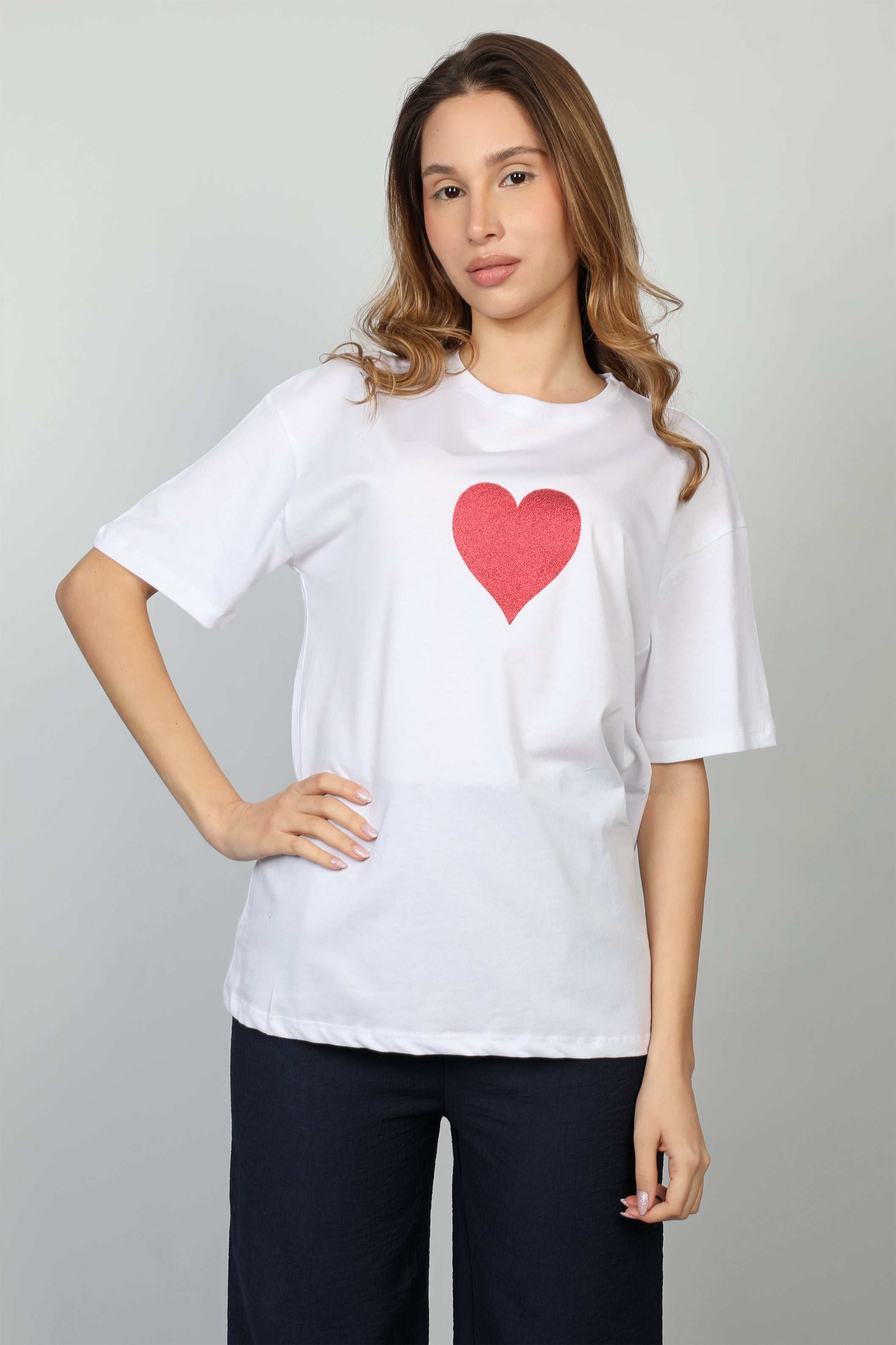 Women White T-shirt With Front Heart Design