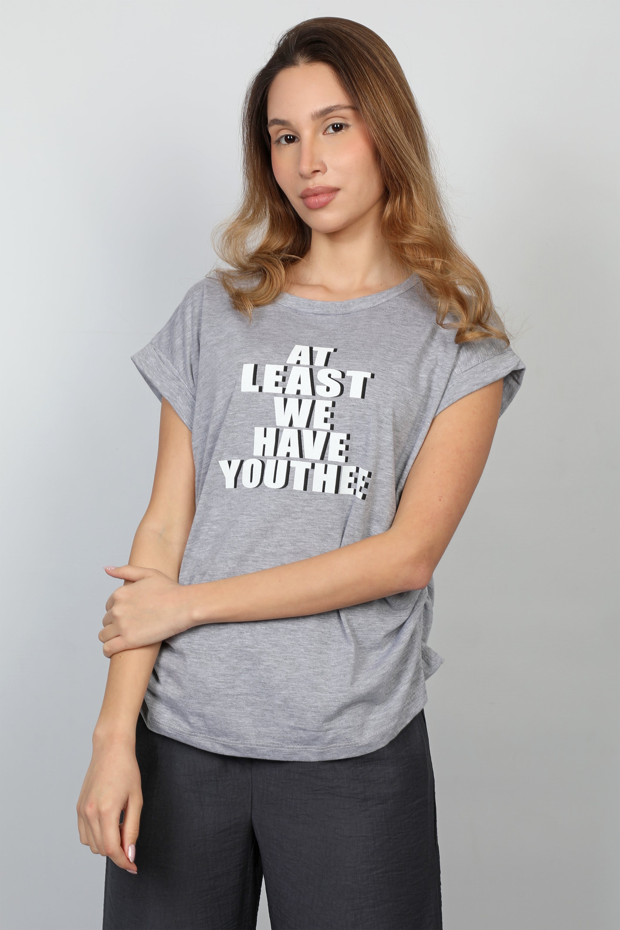 Women Grey T-shirt With Front Printed Design