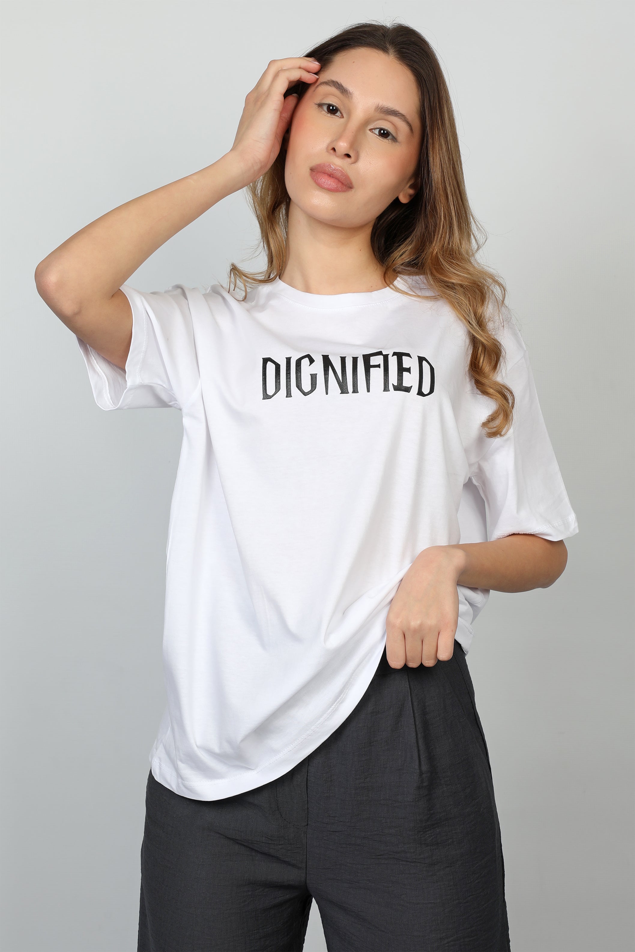 "DIGNIFIED" Printed White Oversized T-shirt