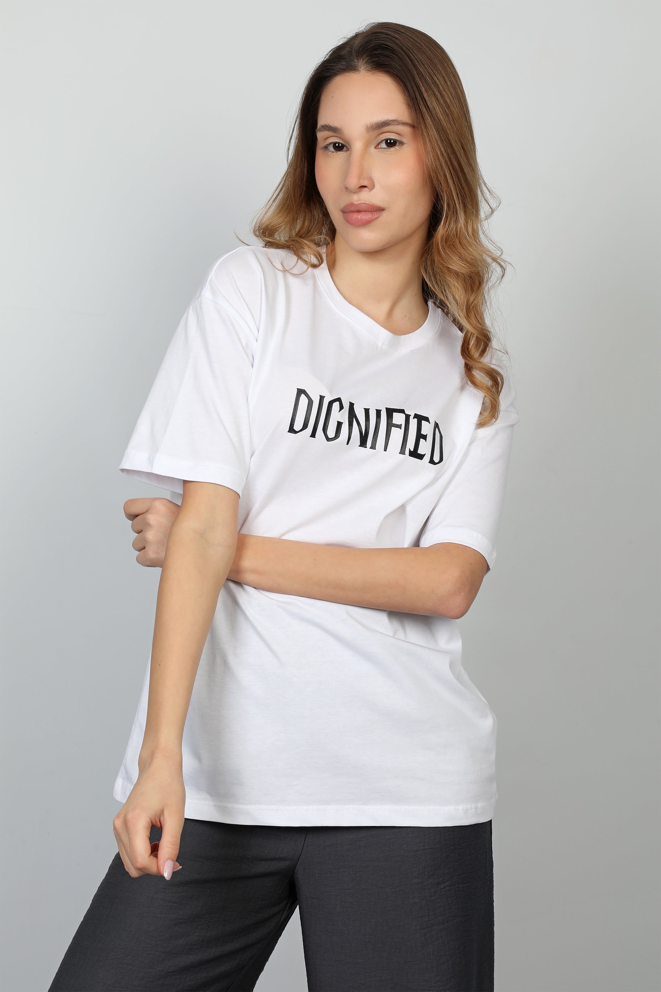"DIGNIFIED" Printed White Oversized T-shirt