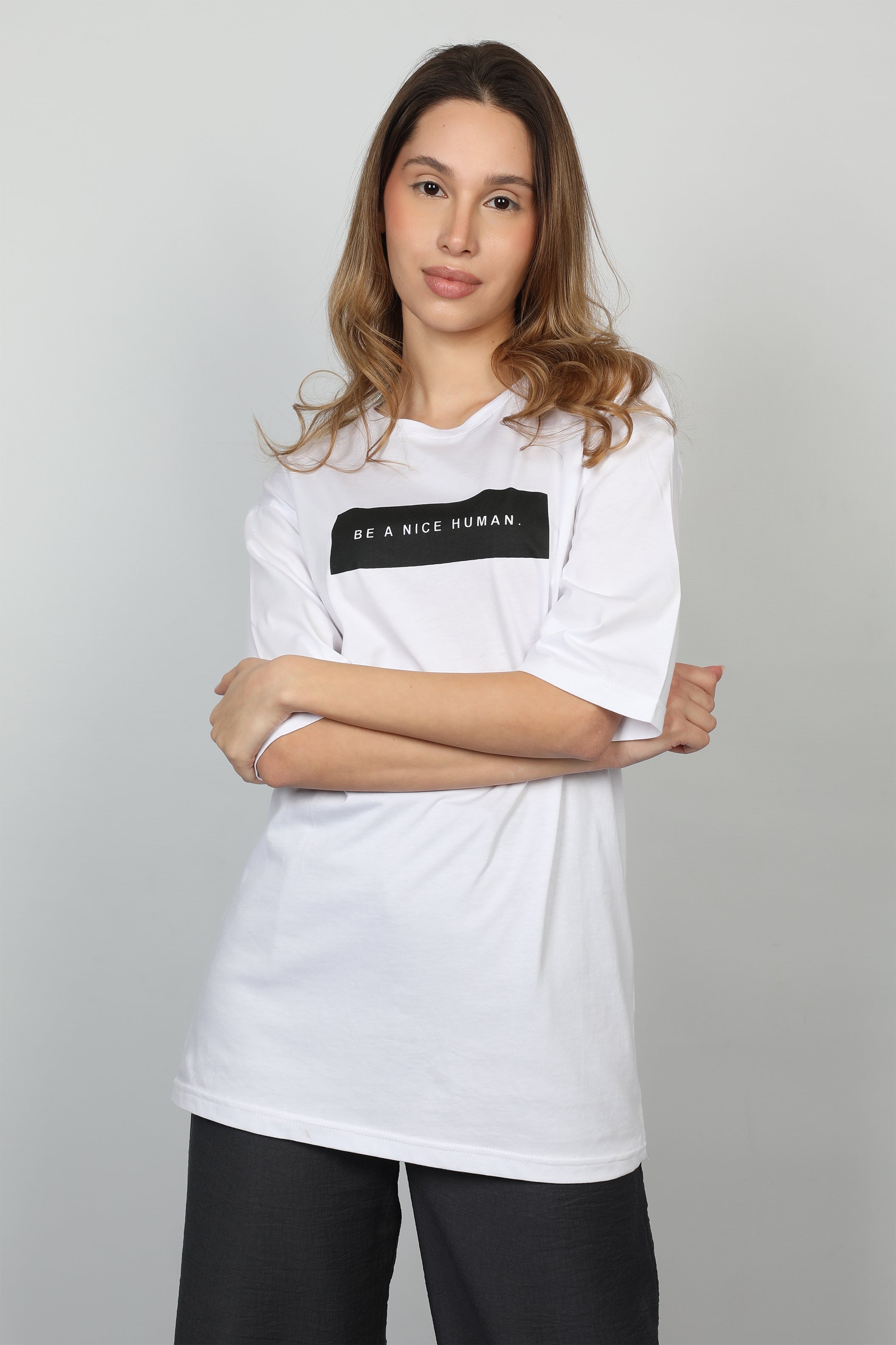 White T-Shirt Oversize With "Be a Nice Human" Front Logo