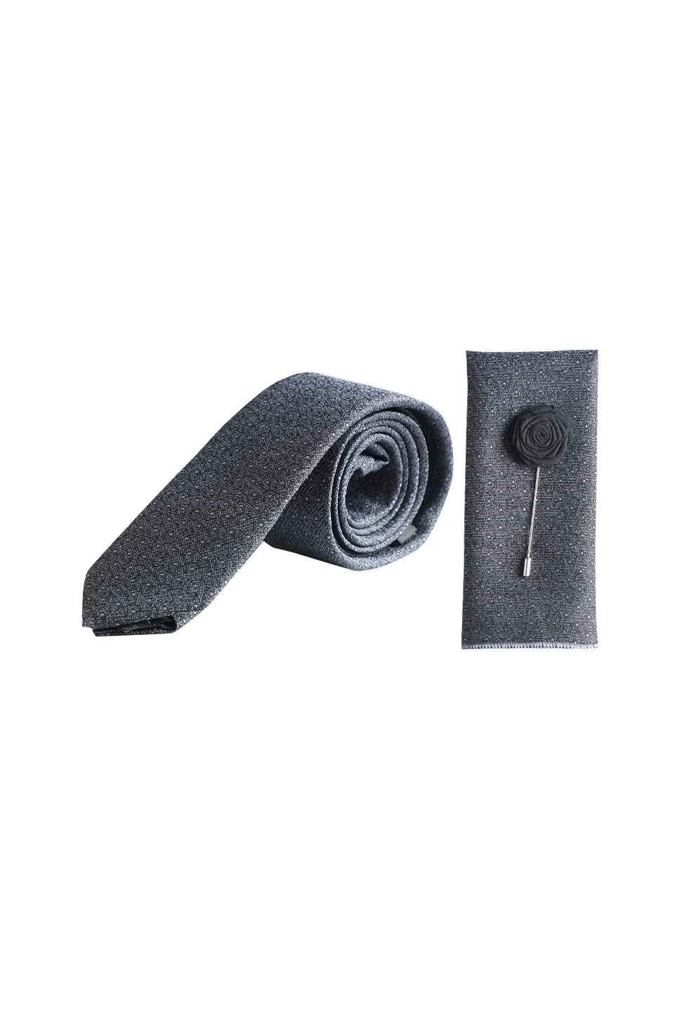 Grey Tie With Matching Floral Lapel Pin Set