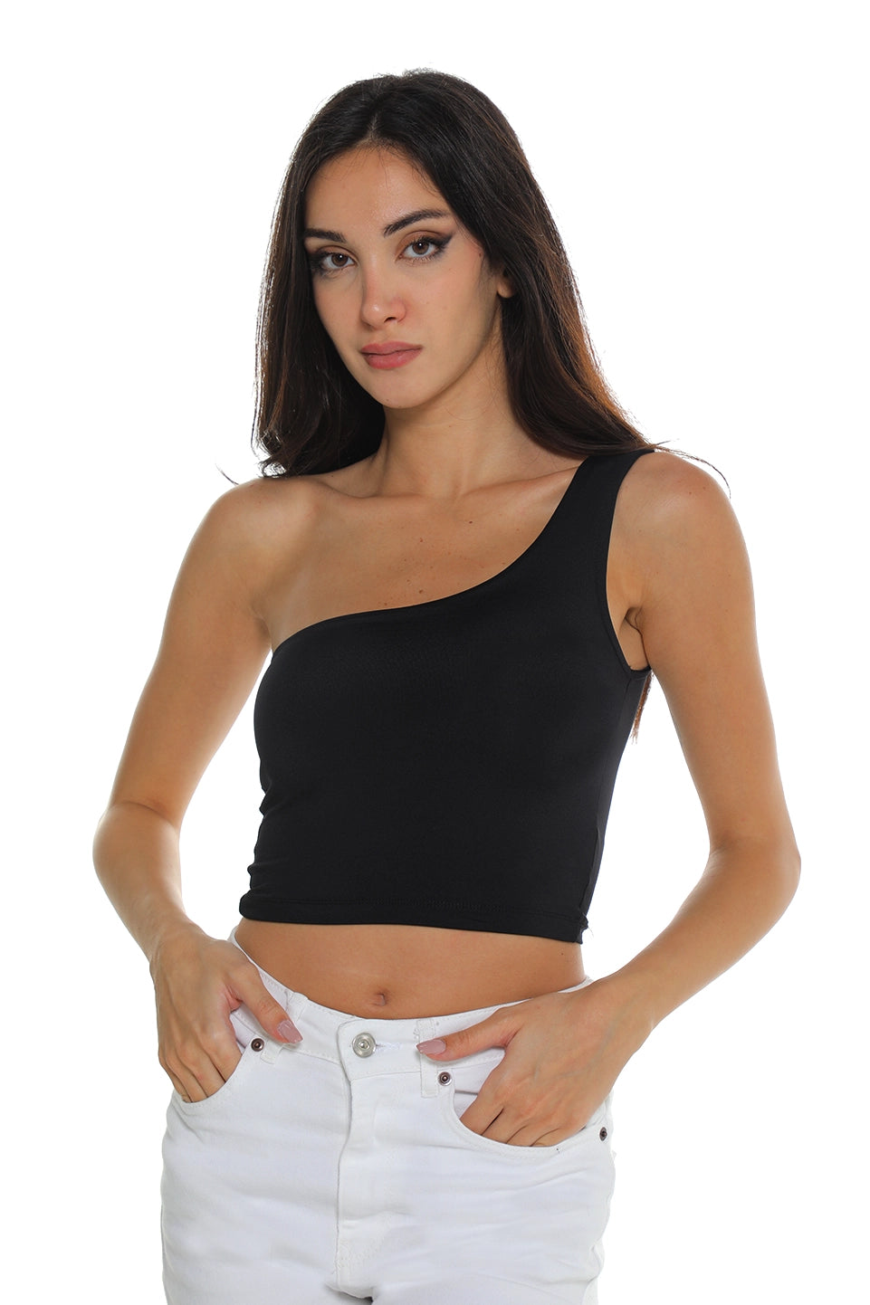 Black One-Shoulder Sleeveless Crop Top
