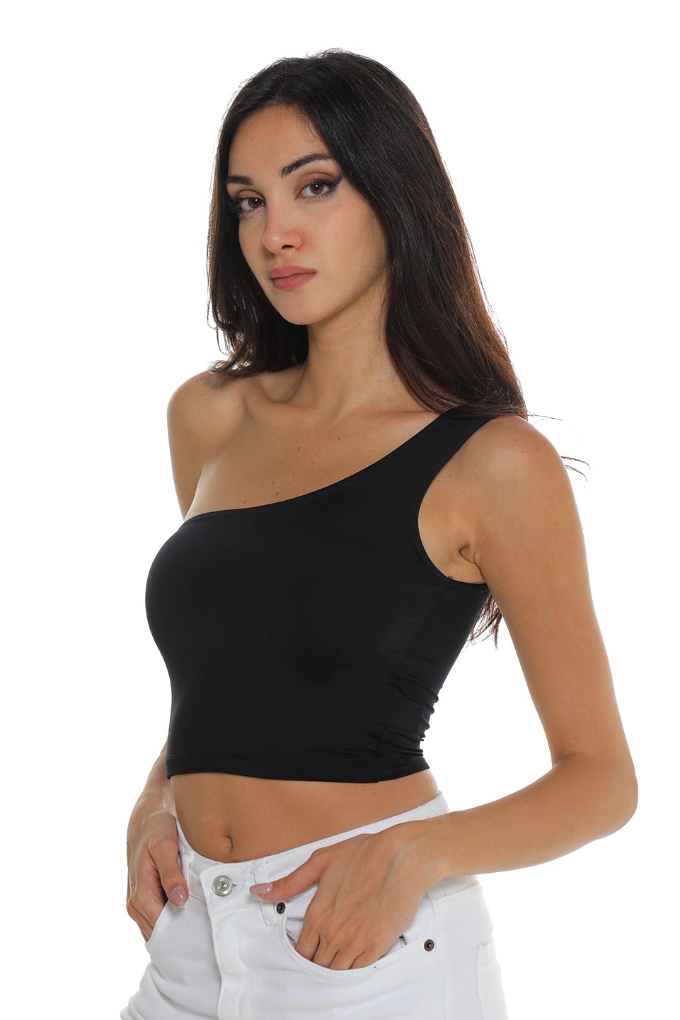 Black One-Shoulder Sleeveless Crop Top