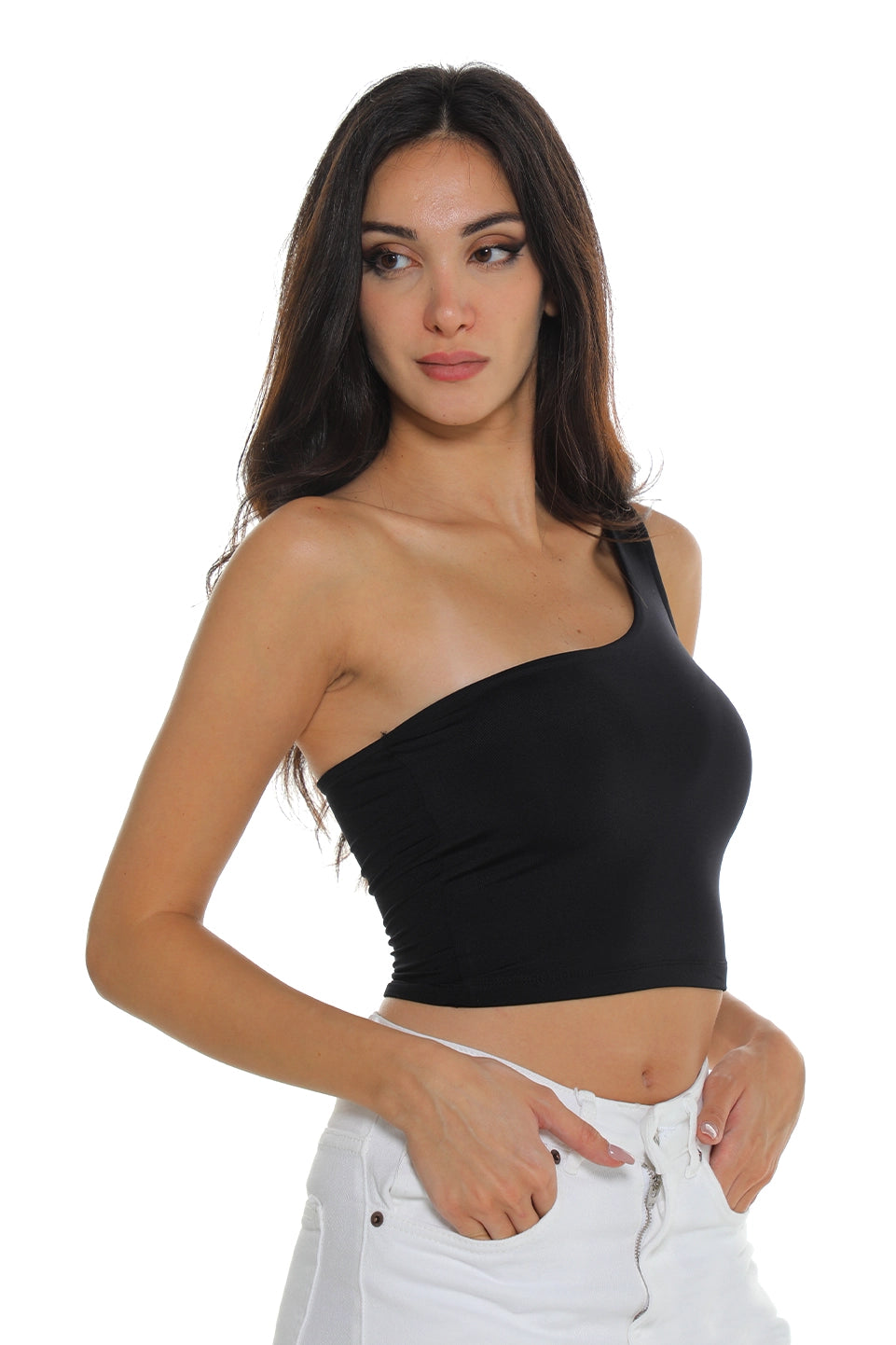 Black One-Shoulder Sleeveless Crop Top
