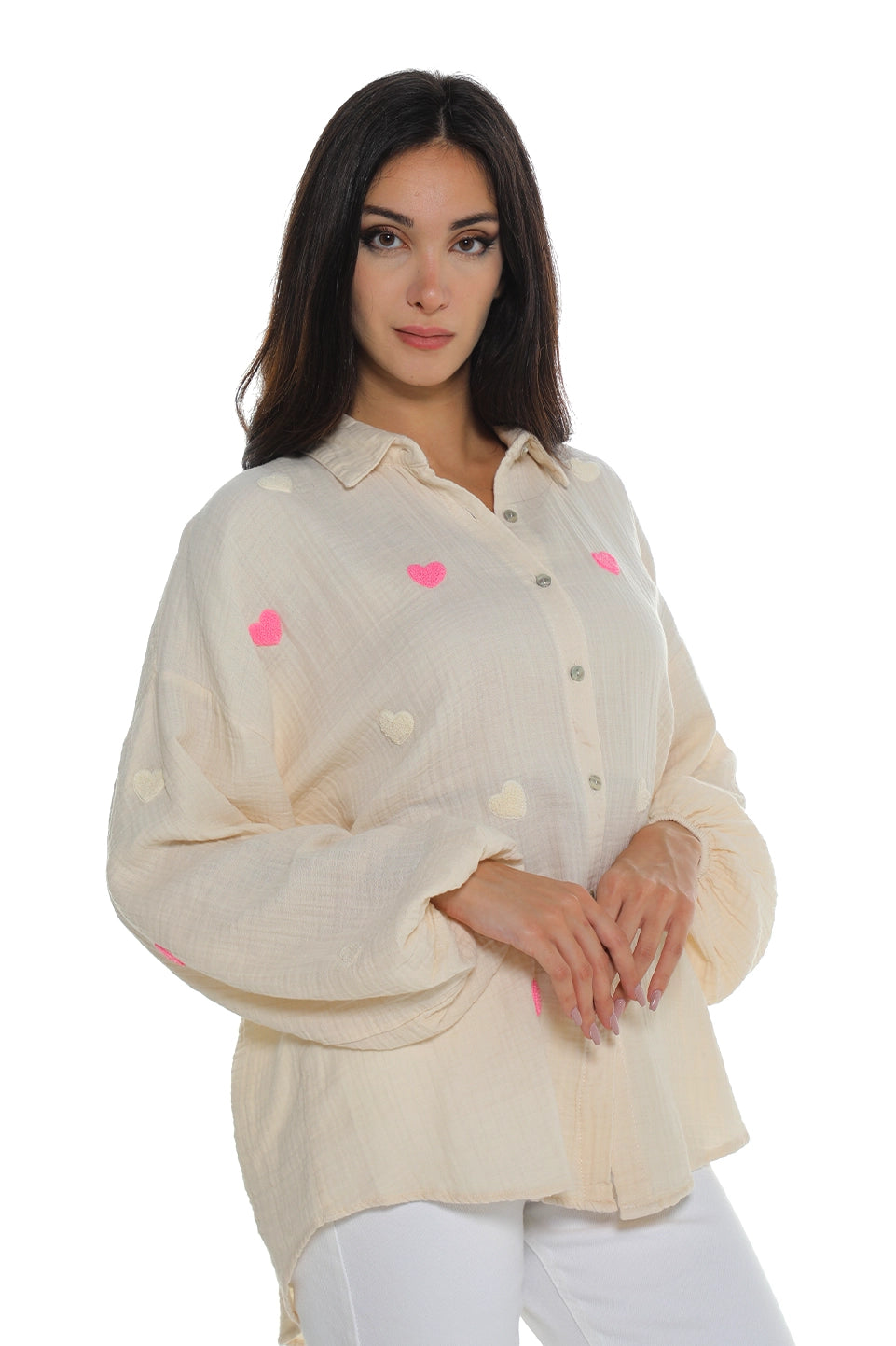 Long Sleeved Beige Shirt With Heart Design