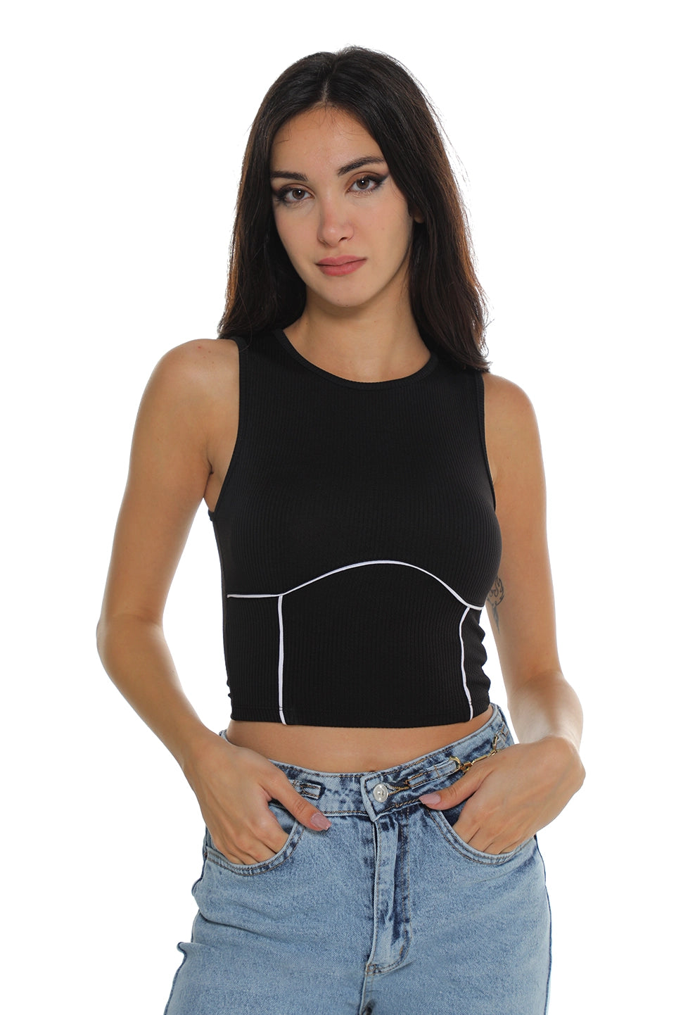 Black Crew Neck Top With Black Piping