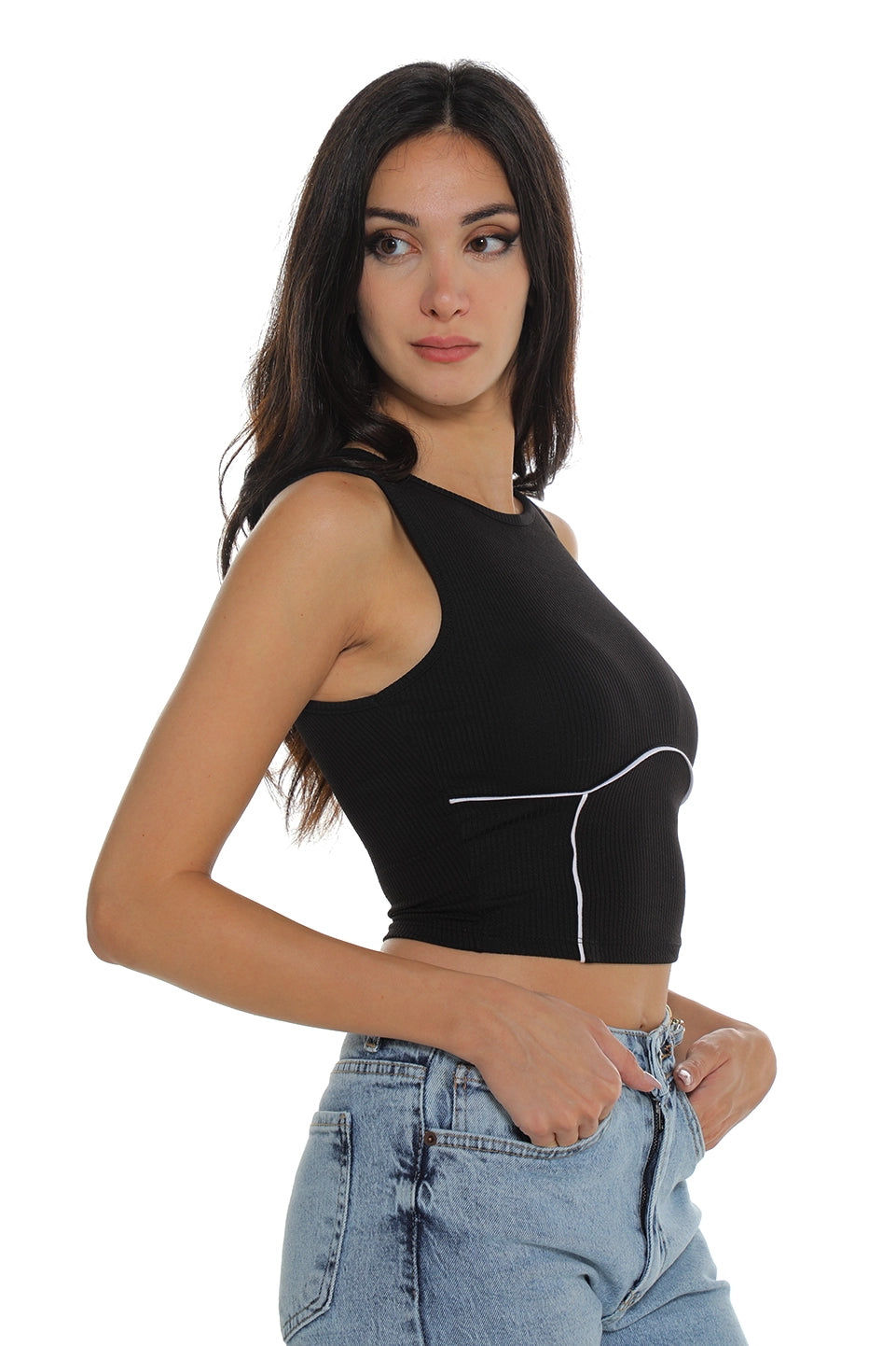 Black Crew Neck Top With Black Piping