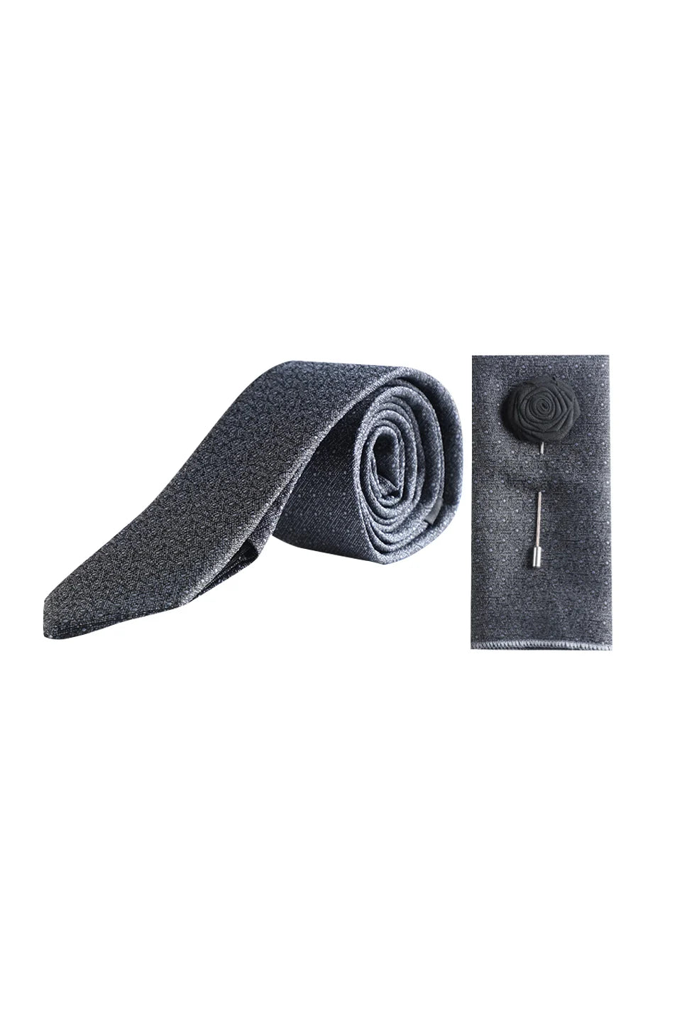 Dark Grey Tie With Matching Floral Lapel Pin Set