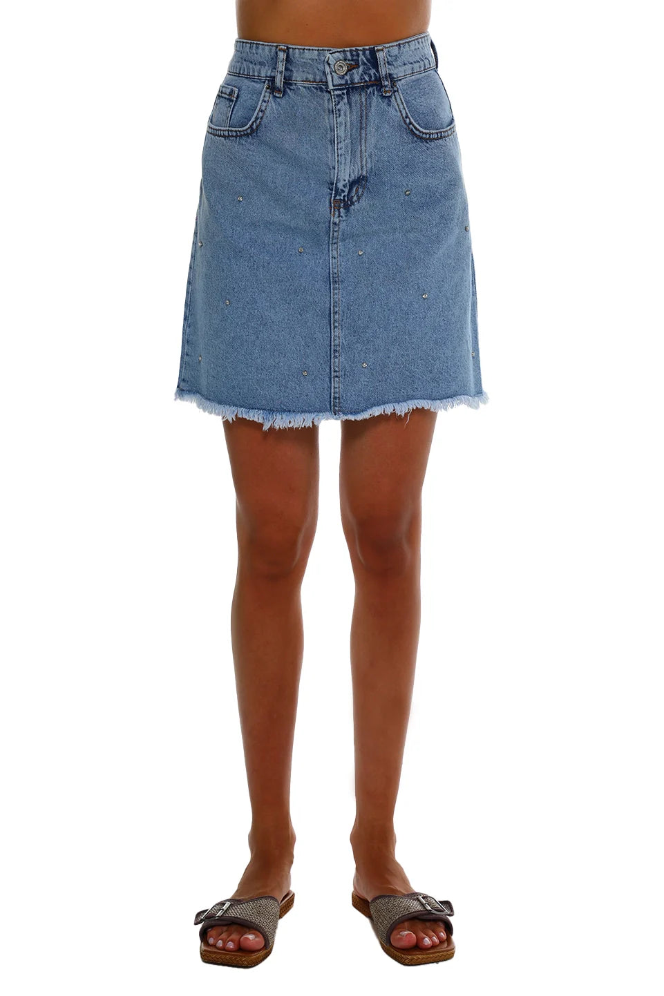 Mini Denim Blue Skirt With Studes Design