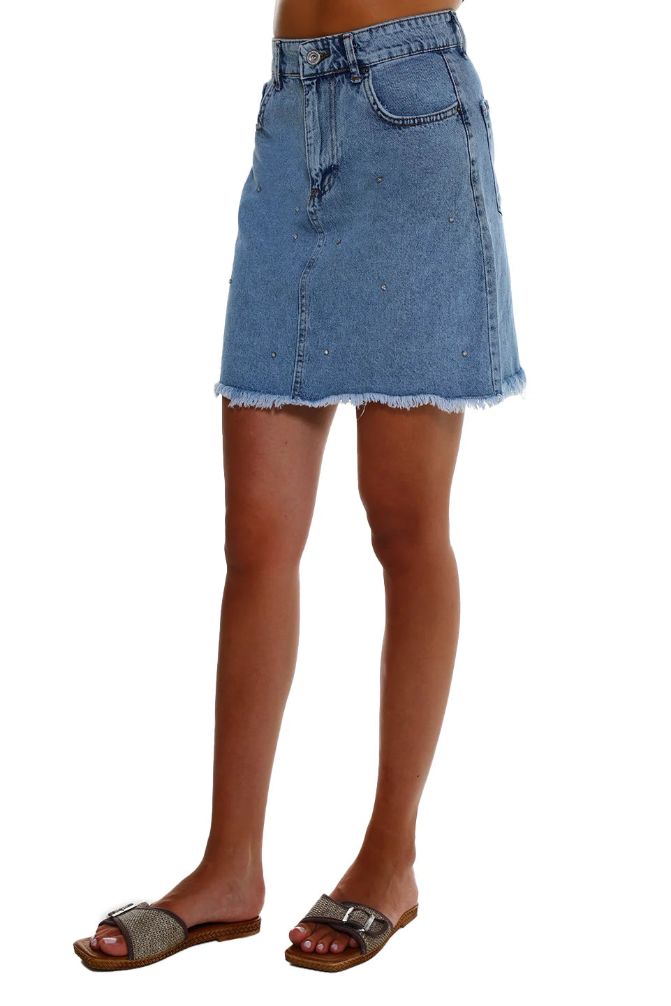 Mini Denim Blue Skirt With Studes Design