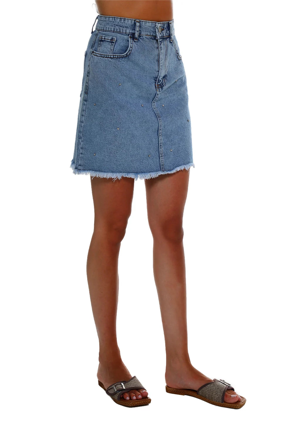 Mini Denim Blue Skirt With Studes Design