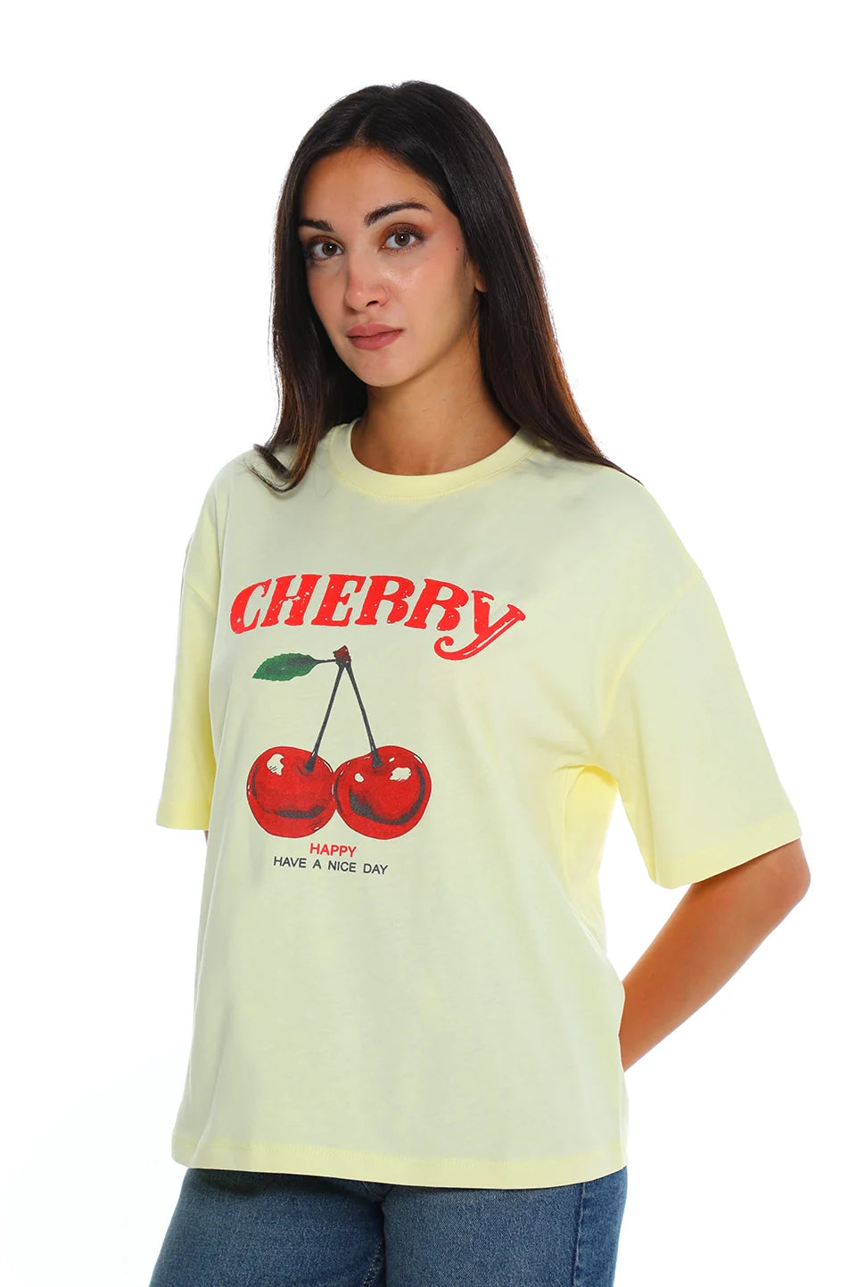 Yellow Cotton T-shirt With Front "Cherry" Design